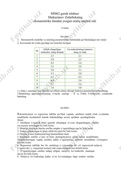 ekonametrika fanidan oraliq nazorat ishi — DOCX
