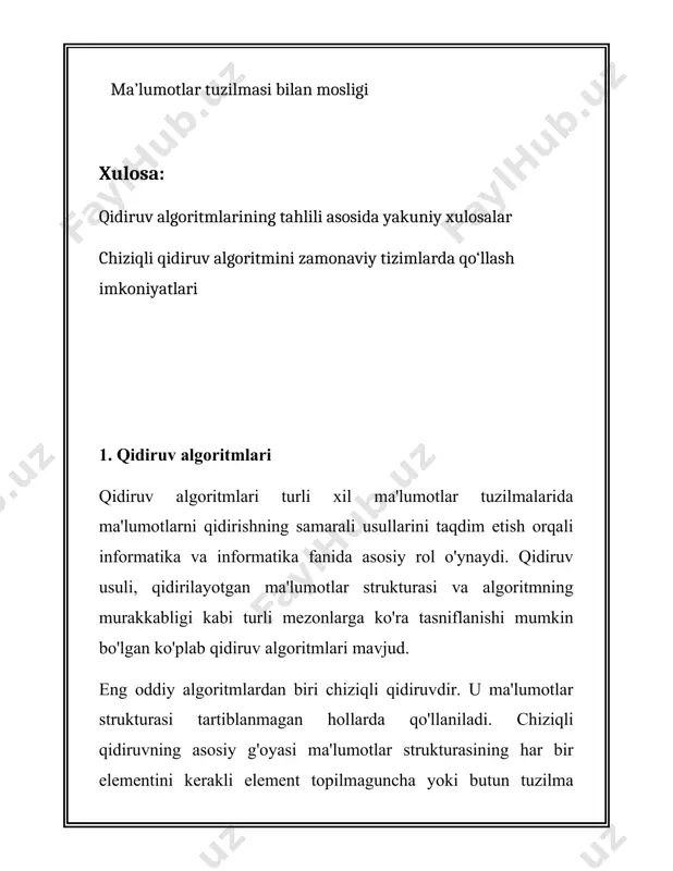 atafsil tekshirish amalga oshiriladi. algoritmning samaradorligi ko'p jihatdan ishlatiladigan xesh funktsiyasi sifatiga bog'liq. grafiklar, shuningdek, maxsus qidiruv algoritmlaridan foydalanadi - chuqurlikdan birinchi qidirish (dfs) va kenglikdan birinchi qidirish (bfs). ikkala algoritm ham o'tish va grafiklarni qidirish uchun muhimdir. dfs quyidagi printsipdan foydalangan holda grafikni o'rganadi: ildiz tugunidan boshlab, algoritm orqaga qaytish va boshqa yo'llarni o'rganishdan oldin eng tashqi tugungacha chuqur boradi. bfs, aksincha, ildizdan boshlab, qo'shni cho'qqilarni tahlil qilib, grafikning har bir darajasini o'rganadi. ikkala algoritmning vaqt murakkabligi o (v + e) shaklida ifodalanishi mumkin, bu erda v - tepalar soni va e - grafikdagi qirralarning soni. ushbu qidiruv algoritmlari ma'lumotlar bazalari va qidiruv tizimlaridan tortib matn va grafiklarni qayta ishlashgacha bo'lgan turli sohalarda keng qo'llaniladi. ularning vaqtinchalik va fazoviy murakkabligini tushunish va optimallashtirish samarali dasturiy ta'minotni yaratishda asosiy rol o'ynaydi. 2. algoritmlarni qiyosiy tahlil qilish ### algoritmlarni qiyosiy tahlil qilish algoritmlarni qiyosiy tahlil qilish shunga o'xshash muammolarni hal qilish …