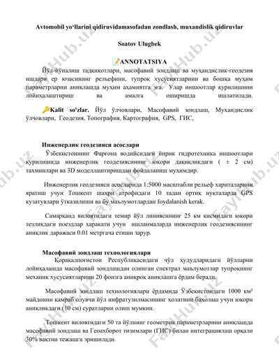 avtomobil yo‘llarini qidiruvida masofadan zondlash va muhandislik qidiruvlar — DOCX