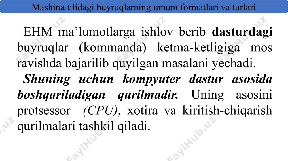 urasidagi murakkab buyruqlarning apparat versiyasidan samarali emasligini ko’rsatdi. risc-arxitekturasi elementlari birinchi bo'lib cray research kompaniyasining cdc 6600 hisoblash mashinalari va superehmlarida paydo bo'ldi. risc-arxitekturasi zamonaviy ehmlarda muvaffaqiyatli amalga oshirilmoqda, masalan, dec firmasining alpha protsessorlarida, hewlett-packard firmasining pa seriyasida, powerpc oilasida va boshqalarda. shuni esda tutingki, intel va amd firmalarining so'nggi mikroprotsessorlarida risc-arxitekturasiga xos g'oyalar keng qo'llanilmoqda, shuning uchun cisc va risc o'rtasidagi ko'pgina farqlar asta-sekinlik bilan yo’qolib bormoqda. cisc- va risc-arxitekturalaridan tashqari yana bitta turdagi – juda uzun buyruq so’zli (vliw) arxitekturasi ham mavjud. vliw kontseptsiyasi risc-arxitekturasiga asoslangan bo'lib, bu yerda bir nechta oddiy risc-buyruqlari bitta eng uzun buyruqqa birlashtiriladi va parallel ravishda bajariladi. vliw arxitekturasi riscdan, nisbatan kam farq qiladi. faqatgina hisoblashlarning qo'shimcha parallellik darajasi paydo bo'ldi, shuning uchun vliw arxitekturasini hisoblash mashinalariga emas, balki hisoblash tizimlariga yo’naltirilganligi mantiqan to'g'ri keladi. xarakteristikasi cisc risc vlim buyruqlar uzunlig turli xil yagona yagona buyruqda maydonlarni joylashishi turli xil o’zgarmas o’zgarmas registrlar …