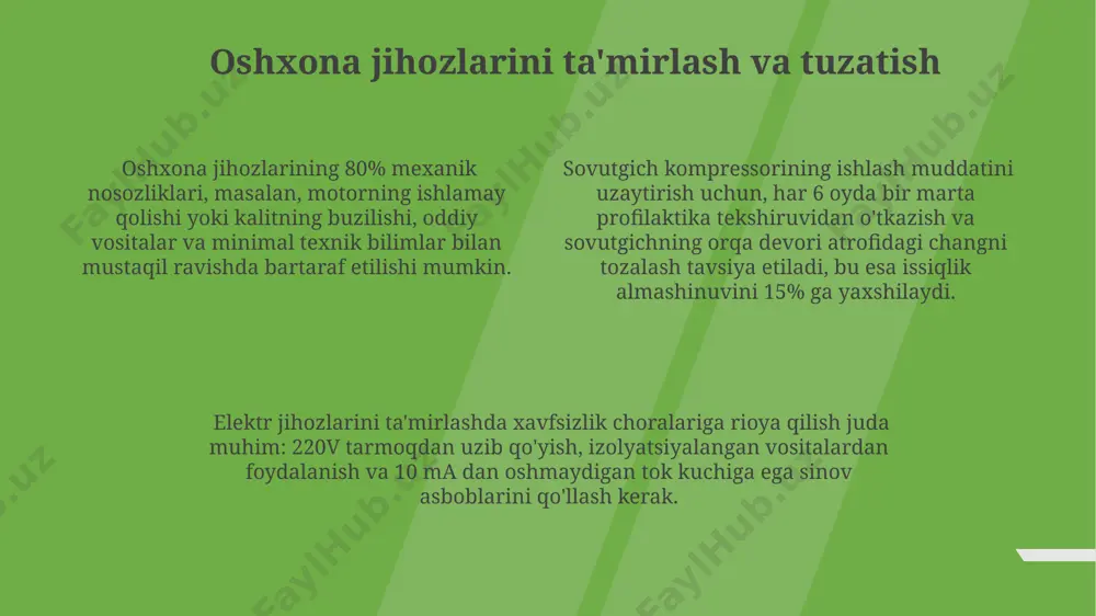 qlang, shunda ularni topish va ulardan foydalanish oson bo'ladi. katta o'lchamli jihozlarni (masalan, oziq-ovqat protsessorlari) pastki javonlarga, kichik jihozlarni (masalan, tosterlar) yuqori javonlarga joylashtiring, bu esa joyni tejashga yordam beradi. har bir jihoz uchun alohida joy ajratib, ularni to'g'ri tizimlashtiring – bu sizga 15% vaqt tejashga va oshxonangizni tartibli saqlashga yordam beradi. zamonaviy oshxona jihozlarining afzalliklari zamonaviy oshxona jihozlarining energiya tejovchi texnologiyalari tufayli elektr energiyasidan 30% gacha tejash imkoniyatini beradi, bu esa byudjetga sezilarli ta'sir ko'rsatadi. ko'p funksiyali oshxona jihozlari, masalan, 5 ta rejimga ega pechlar, vaqt va mehnatni 2 barobarga qisqartiradi, samaradorlikni oshiradi. aqlli boshqaruv tizimiga ega zamonaviy jihozlar, masalan, o'z-o'zini tozalash funksiyasi bilan jihozlangan mikroto'lqinli pechlar, foydalanishni soddalashtiradi va gigiena standartlarini 95% ga oshiradi. gaz plitalari va duxovkalarni tozalash gaz plitalari va duxovkalarning metall qismlarini tozalashda abraziv vositalardan qat’iy ravishda qoching, chunki bu sirtni 10% ga yoki undan ham ko'proq zararlash mumkin, bu esa aşınmaya olib keladi. duhovkaning …