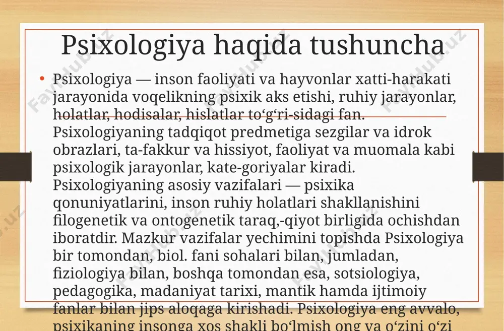 ng organi miya ekanligini bilganlar va inson jonini koinotning ashyoviy boʻlagi sifatida (demok-/shyaning moddiyunchiligi asosida) talqin qilganlar. ularning gʻoyalari platonning jon abadiyligi toʻgʻrisidagi taʼlimotiga qaramaqarshi qoʻyilgan. aristotel „jon toʻgʻrisida“gi asarida psixologik tushunchalar tizimini ishlab chiqdi. oʻrta asrlarda psixikaga nisbatan har xil koʻrinishdagi gʻayritabiiy qarashlar hukmronlik qildi. shu tufayli psixologik bilimlar rivojlanmay qoldi. ammo baʼzi faylasuflar va shifokorlar (ibn sino va boshqalar) asarlarida bu sohada olgʻa qadam qoʻyildi. inson xususiyatlari toʻgʻrisidagi maʼlumotlar qad. qoʻlyozmalar, yodgorliklarda oʻz aksini topa boshladi. turli mamlakatlarda va shaharlarda tuzilgan akademiyalarda (xorazm, samarqand, kiyev, moskva va boshqa shaharlarda) psixologiya yuzasidan tinglovchilarga saboq berilgan. psixologiya rivojiga hissa qo`shgan olimlar yevropa uygʻonish davrida leonardo da vinchi, x. vives kabilar psixologiya rivojiga oʻz hissalarini qoʻshdilar. 18-asrgakelib m. v. lomonosov, a.n. radishchev, g. s. skovoroda, t. gobbs, b. spinoza, g. leybnits. j. lokk, k. a. gelvetsii, psixologiya a. golbax, d. didro psixologiyada bir talay kashfiyot qildilar, uni amaliy maʼlumotlar bilan boyitdilar. …