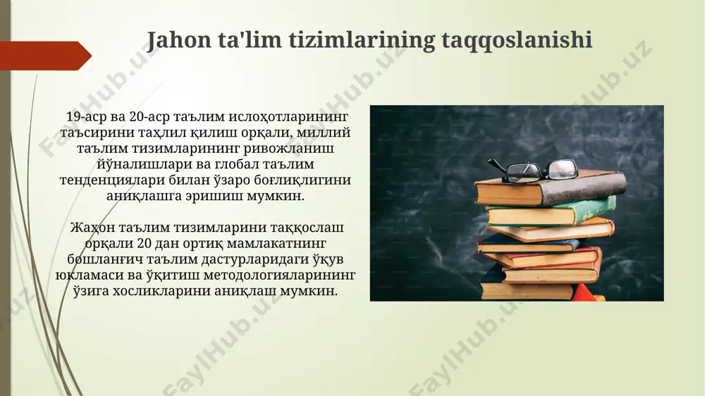 lyutsiyasi pedagogikaning rivojlanishi 3 bosqichga bo'linadi: an'anaviy, progressiv va zamonaviy, har biri o'ziga xos didaktik printsiplar va o'quv uslublari bilan ajralib turadi. ta'lim tizimlarining evolyutsiyasi davomida 10 dan ortiq turli o'quv dasturlari va metodologiyalari paydo bo'ldi, ularning samaradorligi turli omillarga bog'liq edi. pedagogika tarixini o'rganishning ahamiyati ta'limning samaradorligini oshirish uchun, pedagogika tarixini o'rganish, turli xil pedagogik nazariyalar va amaliyotlarning, masalan, montessori metodikasi yoki dalto uslubining, o'quv jarayoniga ta'sirini baholash imkonini beradi. pedagogika tarixini o'rganish, 20-asr boshlarida paydo bo'lgan progressiv ta'lim uslublari kabi muhim pedagogik tendentsiyalarni tushunishga yordam beradi va ularning zamonaviy ta'lim tizimiga ta'sirini tahlil qilish imkonini beradi. ta'lim nazariyalarining taraqqiyoti pedagogik fikrlarning rivojlanishi, 3 ta asosiy bosqichga (klassik, romanizm, yangi davr) bo’linib, har bir bosqich o’ziga xos uslub va metodologiyalarni o’z ichiga oladi. ta’lim nazariyalarining taraqqiyoti, 20-asr boshlarida biheviorizm va kognitivizm kabi yangi pedagogik yo’nalishlarning paydo bo’lishi bilan sezilarli o’zgarishlarga duch keldi. e'tiboringiz uchun rahmat @taqdimot_robot image1.jpg image2.jpg image3.jpg …
