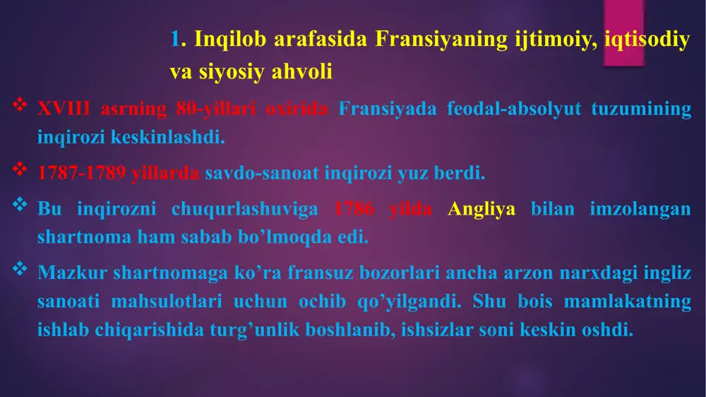 ning boshlanishi, borishi va bosqichlari fransiyada 1788 yil bahorida xalq ommasining kuchli norozilik harakatlari boshlandi. ochlik isyonlari, senorlarning yerlariga hujum qilish, soliq idoralarini vayron qilish va ishchilarning chiqishlari mamlakatda odatiy tusga aylandi. parijdagi boy ishlab chiqarish korxonalaridan birida korxona egasi revelyonning ish haqini qisqartirishga bo’lgan urinishiga qarshi ishchilarning norozilik chiqishi bo’ldi. ishchilar revelyonning uyi va manufakturasini vayron qilib, hukumat qo’shini bilan jang olib bordilar. matbuot senzuradan ozod qilindi. ko’plab broshyuralar, pamfletlar chop etildi. ularning mualliflari asosan liberal dvoryanlarga yoki 3-tabaqaga mansub edi. shunday broshyuralardan eng mashxuri abbat siyesning «uchinchi tabaqa nima?» nomli broshyurasi edi. unda dvoryanlar va uchinchi tabaqaning ilg’or vakillari tomonidan ilgari surilgan fuqarolar tengligi, liberal huquqlar va ozodlik, monarxiyani vakillik organi bilan cheklash haqidagi dasturi aks etgan. 1789 yil 5-mayda versalda bosh shtatlar chaqirildi. unda birinchi tabaqa (ruhoniylar) 291 deputatlik mandatlarini qo’lga kiritgan. ularning 200 ga yaqini islohotlar tarafdori bo’lishgan. ikkinchi tabaqa (dvoryanlar) 270 ta deputatlik mandatlariga ega …