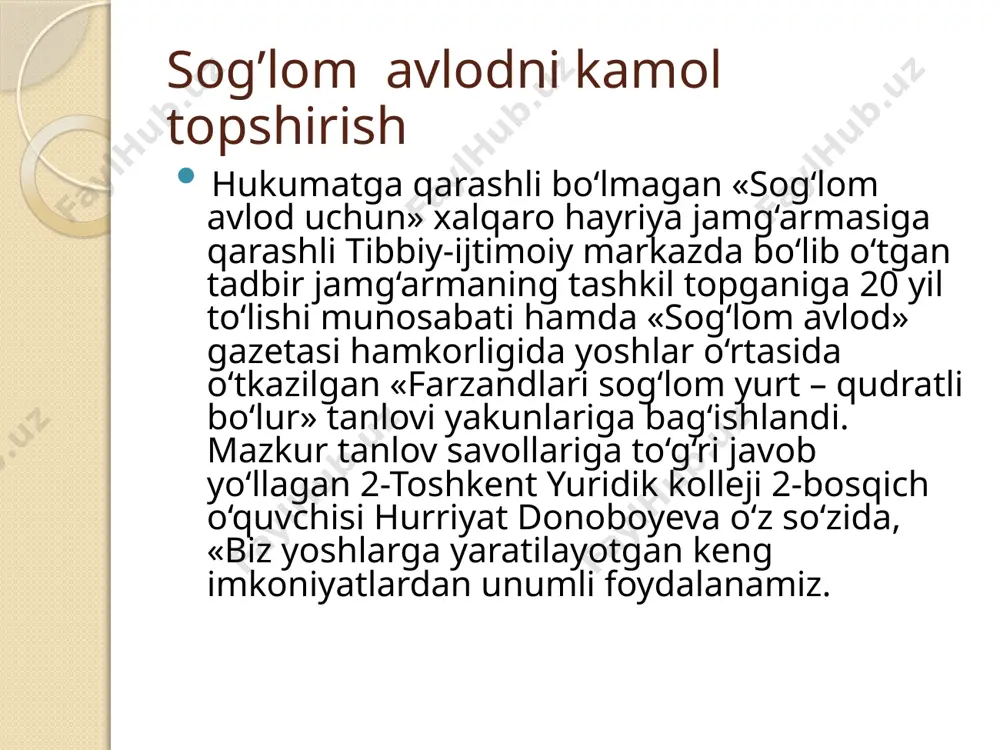 llat, ijtimoiy tabaqa manfaatlari, ehtiyojlari asosida umumlashadi. milliy g`oya xalqning ishonchi va e'tiqodini ifodalaganligi uchun, ularning mavjudligini hamda rivojlanish istiqbollarini namoyon qiladi. e’tiboringiz uchun rahmat image2.jpeg image3.png image4.png /docprops/thumbnail.jpeg