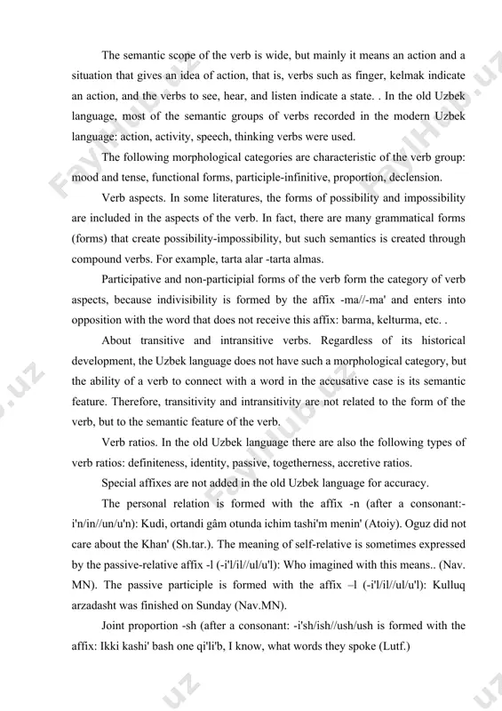 sometimes expressed by the passive-relative affix -l (-i'l/il//ul/u'l): who imagined with this means.. (nav. mn). the passive participle is formed with the affix –l (-i'l/il//ul/u'l): kulluq arzadasht was finished on sunday (nav.mn). joint proportion -sh (after a consonant: -i'sh/ish//ush/ush is formed with the affix: ikki kashi' bash one qi'li'b, i know, what words they spoke (lutf.) the accusative is formed with the following affixes: -t(-i't/it//ut/u't): similar to the garden of cypress trees (nav.mn). -r(-ur\u'r\ar\a'r): last night from this river (atoiy). -tur\tur\\dur\dyr: hajr otiu this day will burn the drink (sakk.). -ghur\gur\qur\kur\qar\kar: shaykh parsa, how much yazguradur us (atoi). insafsiuz aduvniu pamanliuqdiun otkarur (nav.mq). -guz/guz//goose/goose: alliu raised several (shn). let me go, teb,..(sh.tar.). -iuz/iz: tamiuzdiu, aqiuzdiu (sang.). -sat:-he showed me how to make the ship (sh.tar.). formation of verbs. verbs can be formed by means of word-forming affixes from groups other than verbs: -la/la' affix. this affix was actively used in …