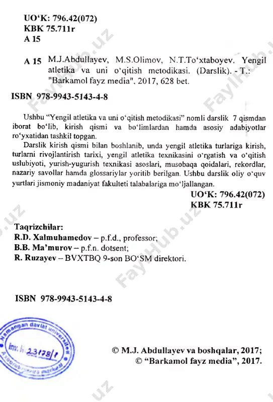 ijrosini ta'm inlash, ta’lim sifatini oshirish bo‘yicha bir qancha ijobiy ishlar amalga oshirilmoqda. kadrlar tayyorlash milliy dasturining tarkibiy qismi yurtimizda o'tkazib kelinayotgan uch bosqichli “umid nihollari”, “barkamol avlod” va “universiada” musobaqalarida o ‘quvchi, talaba-yoshlar toblanib ko‘p- yillik tayyorgarlik bosqichlariga yo'naltirib borilayotganligi xalqaro maydonlarda ushbu sportchilar yurtimiz sharafini munosib himoya qilib kelmoqdalar. ayniqsa, o ‘quvchi yoshlarni rivojlanganlik darajasi, sog'ligini mustahkamlashda tayyorgarlik darajasini oshirishda va irodaviy fazilatlarini shakllantirishda yengil atletika mashqlaridan keng foydalanib kelinmoqda. biz bilamizki, yengil atletika mashqlari turli xil bo‘lib, jahon chempionatlari va olimpia o ‘yinlari dasturidan ushbu sport turi bo'yicha 47 ta oltin medallar uchun kurash olib boriladi va bu turlarning barchasi “klassik” turlar hisoblanadi. shunday ekan, yengil atletika mashqlari nafaqat jism oniy tarbiya va sportda, balki, ta ’lim sohalarining barcha tarmoqlarida har bir soha xodimlarining kundalik hayot tarziga aylanib bormoqda. yengil atletika orqali aholini sog'ligini mustahkamlashda yurish, yugurish mashqlarining inson salomatligidagi o ‘rni juda kattadir. maktabgacha ta’lim, umum …