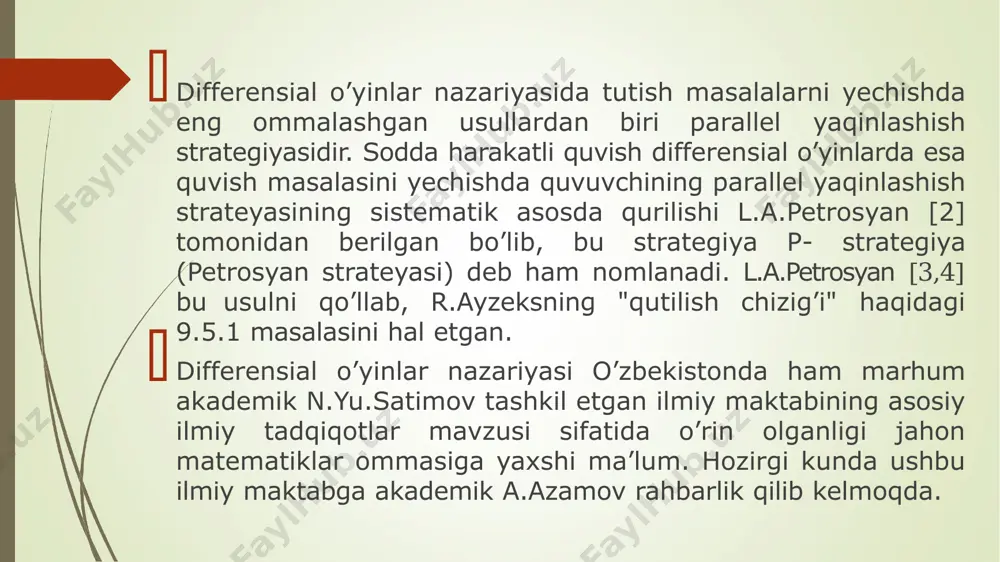 x | x2 ...  x2 , | y | y2 ...  y2 . 1 n 1 n z  f (z,u,v)  2) o‘yin ishtirokchilari soni. agar ikkita o‘zaro qarama-qarshi obyektlar berilgan bo‘lsa, u holda bir o‘yinchilik differensial o‘yin deyiladi. agarda bir tomonda n ta ikkinchi tomonda m ta obyekt ishtirok etsa, u holda ko‘p o‘yinchilik differensial o‘yin deyiladi. 3) o‘yin dinamikasi. differensial o‘yinlarda o‘yin dinamikasi quyidagicha differensial tenglama orqali beriladi k z(t0 )  z0 , (6) bu yerda, z  rn n -o‘lchovli fazodagi obyektlarni harakatini bildiruvchi vektor yoki holati. u  rp - birinchi obyektni boshqaruv parametri. v  rq - ikkinchi obyektni boshqaruv parametri. 4) o‘yin maqsadi. differensial o‘yinlarda o‘yin maqsadi deb, rn fazodan tanlangan biror-bir m to‘plamga aytiladi. m  rn, z  m . m to‘plam terminal to‘plam deyiladi. agar 0 (6) tenglama yechimi z  z(t), t  t0 berilgan yoki …