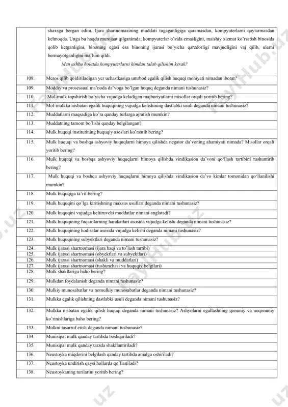 huquqiy oqibatlariga to’xtaling. 59. fuqaroning vafot etishi uning huquq va muomala layoqatiga qanday ta’sir qiladi? vafot etgan deb e’lon qilinganda-chi? 60. garovga qo’yilgan mol-mulkni realizasiya qilish deganda nimani 61. hadya shartnomasi (predmeti, shakli) 62. hadya shartnomasi (tuushunchasi, huquqiy belgilari) 63. haq esaviza xizmatlar ko’rastish natijasida vujudga keladigan majburiyatlar mohiyatini amaliy misollar orqali tushuntiring? 64. haq evaziga xizmat ko’rsatish shartnomasi (haq evaziga xizmat ko’rsatish shartnomasining turlari) 65. haq evaziga xizmat ko’rsatish shartnomasi (yuk tashish shartnomasi tushunchasi va turlari) 66. huquq layoqati va muomala layoqatining farqi nimada? 67. huquqiy oqibatiga ko’ra muddatlarni qanday turlarga ajratish mumkin. misollar keltiring? 68. huquqni bekor qiluvchi yuridik faktlar deganda nimani tushunasiz? 69. huquqni tan olish usuli qanday hollarda qo’llaniladi? 70. ish muomalasi odatlarini qaysi sohada qo’llashga ruxsat berilgan? 71. ishlar va xizmatlar obyekt sifatida bir-biridan qanday farq qiladi? 72. ishonchnoma asosida avtomashinani boshqarishga olgan fuqaro vafot etdi. mazkur holatdasa qanday huquqiy oqibat kelib chiqadi? 73. ishonchnoma …