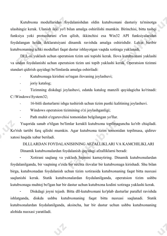 bitta kutubxona boshqa kutubxonaning funksiyasidan foydalansa, u holda bog'liqlik olinadi, buning natijasida ilova yoki kutubxona qaram bo'lib qoladi, o'zini o'zi ta'minlash qobiliyatini yo'qotadi. shunga ko'ra, quyidagi hodisalar xatolarga olib keladi: · tegishli kutubxona yangi versiyaga yangilandi; · bog'liq dll kutubxonasiga o'zgartirishlar kiritildi; · tegishli dll fayli oldingi versiya bilan qayta yozilgan; · tegishli dll fayli tizim tomonidan topilmadi yoki kompyuterdan o'chirildi. odatda bu harakatlar dll-library ziddiyatlari deb ataladi. agar orqaga qarab muvofiqlik ta'minlanmasa, dastur muvaffaqiyatli ishlay olmaydi. bunday harakatlar dll-kutubxona to'qnashuvi deb ataladi. dastur faqat orqaga qarab mos kelsa, muvaffaqiyatli ishlashi va normal ishlatilishi mumkin. dll fayllari ichida operatsiya xonasi tizimi windows dll formati windows ilovalarini yuklovchi formati bilan deyarli bir xil, ammo, siz oddiy dastur kabi dll ni "ishlay olmaysiz". va bu tushunarli, chunki dll-larning maqsadi boshqacha - ular funktsiyalar ombori bo'lib xizmat qiladi, ish paytida ilovalar tomonidan chaqiriladi. dll-da joylashgan funktsiyalar mumkin qo'ng'iroq qiling funktsiyalari, qaysi bor ichida …