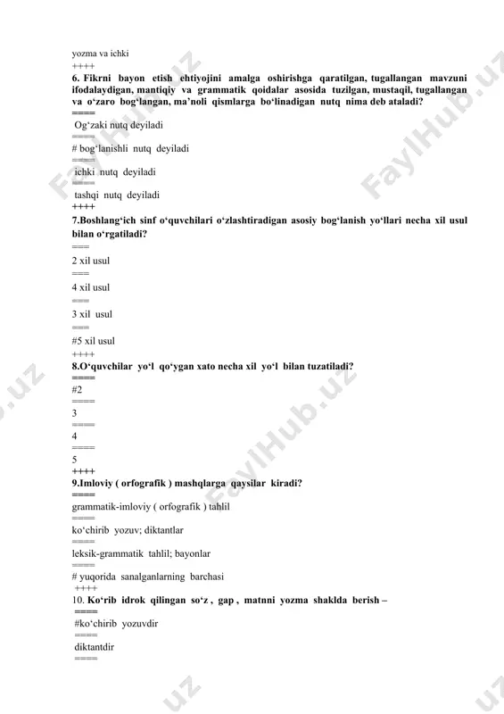 ma qayta hikoyalash – ==== inshodir ==== #bayondir ==== hikoyadir ==== diktantdir ++++ 12. insho material manbaiga ko‘ra necha turga bo‘linadi? ==== 2 turga ==== 5 turga ==== #3 turga ==== 4 turga ++++ 13.insho janriga ko‘ra – ==== hikoya tarzidagi insho ==== tasvir tarzidagi insho ==== muhokama tarzidagi insho ==== # yuqorida sanalganlarning barchasi ++++ 14. rasm asosidagi inshoning nechta turi mavjud? ==== 2 ta ==== #3 ta ==== 4 ta ==== 5 ta +++ 15.og‘zaki yoki yozma insho ustida ishlash necha bosqichga bo‘linadi? ==== 2 bosqichga ==== # 3 bosqichga ==== 4 bosqichga ==== 5 bosqichga ++++ 16.insho so‘zi qaysi tildan olingan? ==== #arab ==== fors ==== tojik ==== qozoq ++++ 17.nutqiy xatolar – ==== lug‘aviy-uslubiy xatolar ==== morfologik-uslubiy xatolar ==== sintaktik-uslubiy xatolar ==== # yuqorida sanalganlarning barchasi ++++ 18.eshiitib idrok qilingan so‘z, gap va matnni yozish nima deb ataladi? ==== #diktant ==== bayon ==== insho ==== bog‘lanishli …