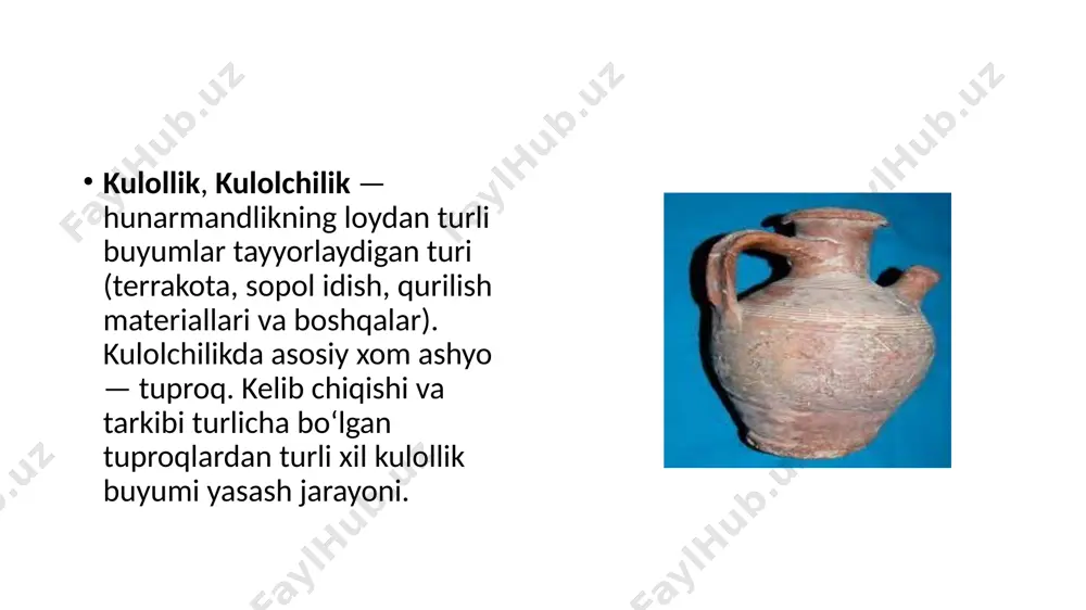 koʻrsatadi, 13-asrda moʻgʻullar hujumlari oqibatida nisbatan sekin rivojlangan kulolchilik 14—16 asrlarda ancha taraqqiy etdi. oʻrta osiyoning boʻlinib ketishi oʻzaro aloqalar susayishini keltirib chiqardi, lekin hunarmandchilik (ayniqsa, kulolchilik) rivojlanishda davom etdi. turli joylarda kulolchilikning turlicha uslublari vujudga keldi. xalq ustalari koʻplab idishlar tayyorlash bilan birga ularni yuksak did bilan bezadilar. rossiyadan koʻplab chinni mahsulotlar keltirilishi oʻrta osiyo kulollari bozorini birmuncha susaytirdi. biroq arzon sopol idishlarga boʻlgan talab, ayniqsa, meʼmorlikda kulolchilik mahsulotlarining keng qoʻllanilishi kulolchilikning uzluksiz rivojlanishini taqozo etdi. oʻrta osiyoda, ayniqsa, oʻzbeklar va tojiklar yashaydigan joylarda kulolchilik taraqqiy etdi. qoratogʻ, panjakent, samarqand, kitob, shahrisabz, gʻijduvon, xorazm, toshkent, gʻurumsaroy, rishtonda sopol idishlarni sirlab bezatishning oʻziga xos uslublari vujudga keldi. bu markazlarda tayyorlangan kulolchilik buyumlari pishiq, chiroyli, nafis siri, koʻrkam naqshlari bilan diqqatni tortadi. 20-asrning 20-yillaridan kulollar mexnatini tashqil etishga eʼtibor berildi. toshkentda tajriba kulollik, samarqandda kulollik ustaxonalari ochildi, toshkentda oʻquv ishlab chiqarish, badiiy kti ishga tushdi (1932), qisqa muddatli kurslar tashkil qilindi, …