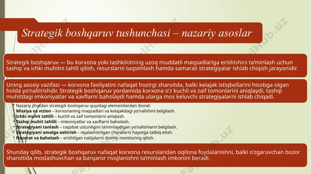 lushi korxonaning raqobatbardoshligini, xarajatlarni kamaytirish imkoniyatini va ko‘proq foyda olishni bildiradi. past bozor ulushi esa korxonaning raqobatda zaifligini anglatadi. 🔹 ularning o‘zaro bog‘liqligi: agar mahsulot yuqori o‘sish sur’atiga ega bozor va katta bozor ulushiga ega bo‘lsa, u “yulduz” sifatida tasniflanadi. aksincha, past o‘sish va past ulush kombinatsiyasi mahsulotni “itlar” toifasiga olib kiradi. bcg matritsasi korxona mahsulot portfelini tahlil qilish orqali strategik qarorlar qabul qilishda muhim vosita hisoblanadi. u yordamida korxona o‘z resurslarini qaysi yo‘nalishga yo‘naltirish, qaysi mahsulotni rivojlantirish va qaysisidan voz kechish kerakligini aniqlaydi. asosiy ahamiyatlari quyidagilardan iborat: resurslarni optimal taqsimlash – korxona cheklangan moliyaviy, insoniy va ishlab chiqarish resurslarini eng istiqbolli yo‘nalishlarga yo‘naltira oladi. strategik ustuvorliklarni belgilash – matritsa mahsulotlarni toifalarga ajratish orqali qaysi segmentlarni rivojlantirish, qaysilarini esa qisqartirish zarurligini ko‘rsatadi. risklarni kamaytirish – bozor ulushi va o‘sish sur’atiga asoslangan tahlil yordamida xavfli yo‘nalishlarni oldindan aniqlash mumkin. barqaror rivojlanishni ta’minlash – “pul sigirlari”dan olingan barqaror daromad “savol belgisi” va …