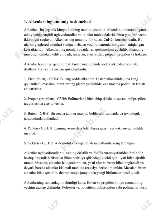 ik hayotimizda keng kolamda qollaniladi. etilen va propilen sanoat miqyosida ishlab chiqariladi va dunyo boylab yirik polimer ishlab chiqaruvchi zavodlar uchun xom ashyo hisoblanadi. shuningdek, alkenlar boshqa kimyoviy moddalar ishlab chiqarishda ham ishtirok etadi. jumladan, binolarda ishlatiladigan plastmassalarni tayyorlashda, avtomobil shinasi ishlab chiqarishda va turli-tuman sanoat mahsulotlarining asosiy tarkibiy qismi sifatida muhimdir. alkenlar quvvatli erituvchi va past haroratda holatini saqlay oladi. muayyan ikki boglar tufayli alkenlar izomeriya bilan bogliq qiziqarli xususiyatlarga ega. ular ikki turdagi izomeriyani hosil qiladi: strukturaviy izomeriya va geometrik izomeriya. strukturaviy izomeriya, uglerod zanjiri va boglanish tartibini ozgartirishga boshqa imkoniyat beradi. geometrik izomeriya esa, alkenlar ikki atomli bog turlari bir-biridan farq qiladi va turli molekulyar joylashuv shakllarini hosil qiladi, masalan, cis- va trans- konfigurasiyalar. yakuniy tarzda aytganda, alkenlarning umumiy tushunchasi nafaqat ularning kimyoviy tuzilishini, balki ularning sanoatdagi ahamiyatini ham oz ichiga oladi. alkenlar hayotining asosiy qismi bolib qolmoqda, chunki ular zamonaviy kimyo va texnologiyaning zaruriy qismini tashkil …