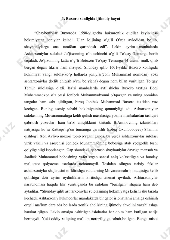 kechalarni tashkil qilib o’zi ham bularda ishtirok etgan va oid asarlar ham yozib qoldirgan. shundan kelib chiqib aytish mumkunki, ashtarxoniylar o’z hukmronligi davrida buxoro xonligi tarixida o’zlaridan ma’naviy me’ros qoldira olganlar. xonlar, ular bilan bir qatorda yuqori lavozimdagi amaldorlar ham ma’naviy hayot yaxshilanishiga o’z hissalarini qo’sha oldilar. bu davrda ko’plab masjid-u madrasalar, bir qancha hovuzlar, karvonsaroylar bunyod etildi. butun dunyoga mashhur samarqanddagi registon ansambili ham aynan shu davrda, bir qancha vaqt otaliq lavozimida ishlagan yalangto’sh bahodir tomonidan hozirgi holatga keltirilgan. ashtarxoniylar davrida xonlikning tashqi siyosat qamrovi bir muncha kengayib, xonliklar bu davrda sharqda hindistondan g’arbda usmonli turklar davlatiga qadar mamlakatlar bilan diplomatik aloqalarni yo’lga qo’yganlar. mamlakatalarbilan tashqi aloqalar olib borishda mamlakat hukmdorlari bo’lgan xonlarning diplomatic qobiliyati, keng dunyoqarashi, asosiy omillardan biri bo’lib xizmat qilgan. bu davrda eng ko’p elchilik aloqalari rossiyada hukmronlik qilgan romonovlar sulolasi va hindistonda hukmronlik qilgan boburiylar sulolasi bilan bo’lgan bo’lsa, qo’shni davlatlardan qozoq juzlari va eron …