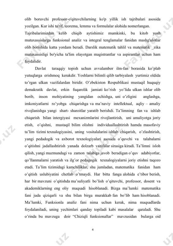 alari fanidan “chiziqli funksionallar” mavzusidan, o’zgaruvchilar orasidagi funksional bog’lanishlar, kurs ishi yuzasidan olingan nazariy bilimlarni, amaliyotda masala va misollarda tadbiq qilib va uning natijalarini tahlil qilish va tegishli xulosalar chiqarish zarur demakdir. kurs ishining tuzilishi. kurs ishi tuzilishiga ko’ra rejasi asosan 4 ga bo’linadi: i. kirish, ii. asosiy qism, iii. xulosa, iv. foydalanilgan adabiyotlar ro’yxati, hamda ilovadan iborat bo’ldi. matematika sohasidagi ta’lim sifatini oshirish va ilmiy - tadqiqotlarni rivojlantirish chora-tadbirlari to’g’risida qarori. mamlakatimizda matematika 2020- yildagi ilm – fanni rivojlantirishning ustuvor yo’nalishlaridan biri sifatida belgilandi. o’tgan davr ichida matematika ilm – fani va ta’limini yangi sifat bosqichiga olib chiqishga qaratilgan qator tizimli ishlar amalga oshirildi. birinchidan, ilg’or ilmiy markazlarda faoliyat yuritayotgan vatandosh matematik olimlarning taklif qilinishi va xalqaro ilmiy- tadqiqotlar olib borilishi uchun zarur shart- sharoit yaratildi. ikkinchidan, xalqaro fan olimpiyadalarida g’olib bo’lgan yoshlarimiz va ularning murabbiy ustozlari mehnatini rag’batlantirish tizimi joriy etildi. uchinchidan, oliy ta’lim va ilmiy- tadqiqotlarning o’zaro …