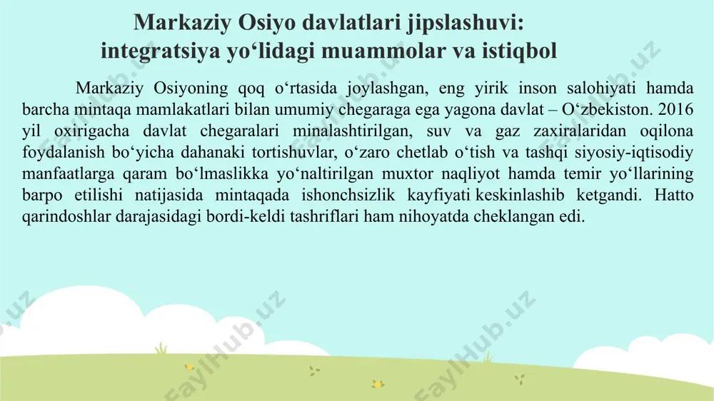 rishda umumiylik (bir-biriga bog`liqlik) asos qilib olinmoqda. sanoatni, agrosanoat majmuini, xalqaro transport kommunikatsiyasini yaratish va transport aloqalarini rivojlantirishda rejalashtirish ishlari umumiy asosda tashkil qilinmoqda. orol dengizining taqdiri regionda vujudga kelgan keskin vaziyatni barqarorlashtirish ham modda umumiylik asosida o’z yechimini topmoqda. modning bir-birlari bilan yaqin qo’shnichilik, qon-qarindoshlikka tayangan diplomatik munosabatlar o’rnatish, iqtisodiy, savdo-sotiq, texnikaviy, madaniy aloqalarni yo’lga qo’yish, yirik sanoat va yo’l qurilishlarini amalga oshirishdagi hamkorligi davrimiz taqozosiga aylangan. ikkinchidan esa, markaziy osiyo davlatlarining jahonning rivojlangan mamlakatlari bilan bevosita aloqa o’rnatish, ularning texnika vositalaridan, ishbilarmon mutaxassis kadrlaridan foydalanish modda iqtisodiyotni rivojlantirishning yangi asoslarga qurilgan muhim poydevordir. modning bir-birlari bilan yaqin aloqalari markaziy osiyo hamkorligi tashkiloti davlatlararo mintaqaviy iqtisodiy tashkilot. 1993 y. iyul oyida o`zbekiston respublikasi bilan qozog`iston respublikasi o`rtasida 1994—2000 y.larda iqtisodiy integratsiyani chuqurlashtirish to`g`risida bitim imzolandi. integratsiya jarayonlariga sharoitlar yaratish maqsadlarida 1994 y. 10 yanvarda o`zbekiston va qozog`iston o`rtasida yagona iqtisodiy makon tashkil etish to`g`risida shartnoma tuzildi. markaziy osiyo hamkorligi …