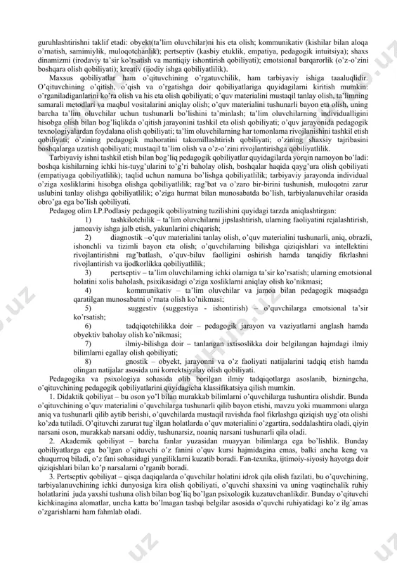 uribdiki, matematik va adabiy qobiliyatlar o’zaro bir-biriga o’xshamagan talablari bilan tafovutga egadir. bundan shunday xulosa chiqarish mumkinki, pedagogik, musiqaviy, texnik, konstruktorlik, tibbiy qobiliyatlar va shunga o’xshash qobiliyatlar tuzilishi maxsus xususiyatga ega bo’lib, kasbiy ahamiyat kasb etishi mumkin. rus olimi i.p.pavlov o’z ta’limotida “badiiy”, “fikrlovchi”, “o’rta” tiplarga ajratilgan shaxslarning ana shu uchta tipdan bittasiga taalluqli ekanligini tavsiflab beradi. muallif ushbu tipologiyani yaratishda oliy nerv faoliyatining birinchi va ikkinchi signal sistemasidan iboratligi to’g’risidagi ta’limotiga asoslanadi. birinchi signallar sistemasi obrazlar emotsiyalardan va ikkinchi sigiallar sistemasi esa obrazlar haqida so’zlar orqali signal berishdan iboratdir. ikkinchi signallar sistemasi i. p. pavlov tomonidan “signallarning signali” deb nomlangan edi. ushbu tipologiyani osonroq qilib quyidagicha tushuntirish mumkin: 1) shaxs psixik faoliyatida birinchi signallar sistemasining signallari nisbatan ustunlik qilsa, bu inson “badiiy” tipga taal-luqlidir; 2) mabodo “signallarning signali” nisbatan ustuvor bo’lsa-bu shaxs “fikrlovchi tipga” munosibdir; 3) agarda har ikkala signallar aralashib ketgan bo’lsa (birortasining ustunligi sezilmasa) - bu inson …