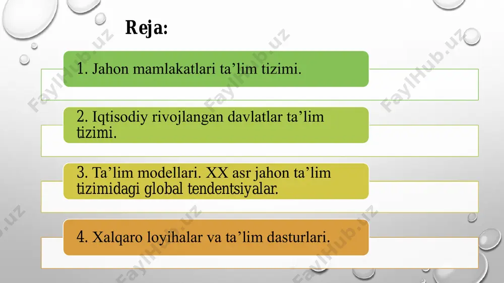 ika qo’shma shtatlari ta’limga mablag’ ajratish bo’yicha dunyo mamlakatlari o’rtasida yetakchi o’rinda turadi. 1979 yilda ta’lim vazirligi mustaqil bo’lib ajralib chiqdi. boshlang’ich ta’limda 99,9%ni, o’rta bo’g’ini 94,5% ta’lim oladi. o’quvchilar umumiy sonining 46 foizi o’rta maktabni tamomlagach kollej va universitetlarga kiradilar. aqsh da barcha toifadagi ta’lim maskanlarida 58 million, shu jumladan ta’limning oliy bosqichida 12 million yigit-qiz bilim oladi, bulardan tashqari mamlakatda har yili 33 million kishi uzluksiz malaka oshirish tizimlarida bilim oladilar. har yili o’rta maktabni 3 million o’quvchi, bakalavr darajasida esa 300 ming kishi tugallaydi, yiliga 30 ming kishi doktorlik ilmiy darajasini oladi. mamlakat ta’lim tizimining rivojlanishi juda yuqori: maktabgacha tarbiya muassasalarida 3yoshdan- 5 yoshgacha boshlang’ich maktablar 1-8 sinflargacha 6 yosh-13 yoshgacha o’rta maktab 9-12 sinflar 14-17 yoshgacha oliy ta’lim 2 yoki 4 yil o’qitiladi kollej hamda universitetlar so’nggi bosqich aspirantura yoki doktaranturalar. aqshda majburiy ta’lim 16 yoshgacha amal qiladi. bitiruvchi sinflardan tashqari barcha o’quvchilar asosan ish bilan …