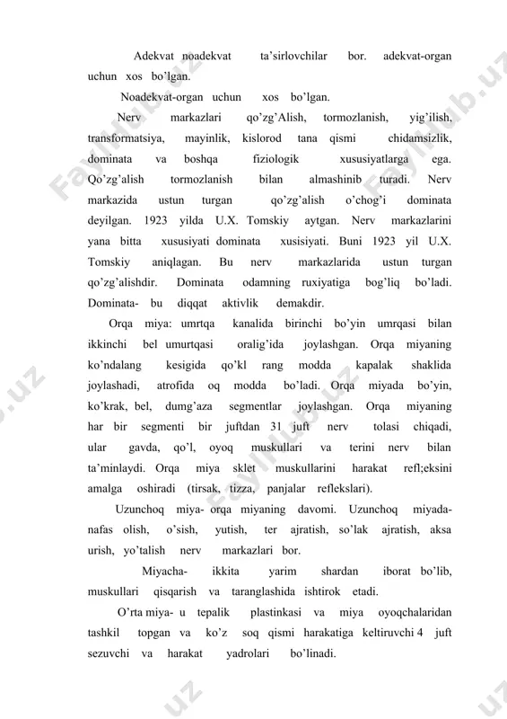 qni eshitish ta’minlanadi. bosh miya yarim sharlari po’stlog’ning vazifalari quyidagicha tekshoriladi. 1. shartli reflekslar usuli. 2. bosh miya biotoklarini yozib olish usuli. 3. bosh miyada qon aylanishi va moddalar almashishini tekshirish usuli. 4. bosh miyani bevosita kuchsiz elektron yoki kimyoviy moddalar bilan ta’sirlash usuli. 5. miyaning turli qismlarini olib tashlash usuli. refleks- tashqi va ichki muhit ta’siriga organizmning javob reaksiyasi. shartli va shartsiz reflekslar mavjud. shartli reflekslar tug’madir. masalan; ovqatlanish,yutish, chaqaloqning emishi, hazm qilish, siydik haydash, nafas olish, qon aylanish va h.k.z. bu reflekslar doimiy bo’lib, nasldan - naslga o’tadi. shartli reflekslar -odam hayoti davomida hosil bo’lib ular tarbiya, bilim olish, hunar o’rganish va boshqa hayotiy tajribalar asosida yuzaga keladi. shartli reflekslar so’nishi mumkin. emish- ovqat yeyish bilan almashishi mumkin. refleks bosib o’tgan yo’l reflektor yoyi deyiladi: retseptor- nerv uchi markazda intilovchi nerv markazlari (orqa yoki bosh miyalar) markazdan qochuvchi nerv. retseptorlar: ekstro, intro retseptorlar pregrioretseptorlar- muskullar paylarda joylagan retseptorlar. …