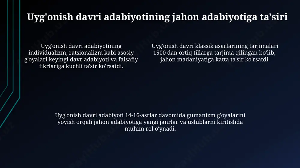onish davri uzbek she'riyatiga jiddiy ta'sir ko'rsatib, yangi adabiy uslublarning shakllanishiga turtki bo'lgan. erta uyg'onish davri adabiyoti ta'rifi erta uyg'onish davri adabiyoti 14-asr oxiri va 15-asr boshlarida italiyada gumanizm g'oyalarining tarqalishi bilan boshlangan va klassik antik davr adabiyotiga qiziqishning kuchayishi bilan tavsiflanadi. erta uyg'onish davri adabiyoti uchun xos bo'lgan janrlar orasida sonetlar, hikoyalar, dramalar va insholarni ajratish mumkin, ularning 10% dan ortig'i diniy mavzularda yozilgan. ushbu davrda 30 dan ortiq mashhur yozuvchilar va shoirlar faoliyat yuritgan bo'lib, ularning asarlari insonparvarlik, individualizm va tabiatga bo'lgan muhabbat g'oyalarini aks ettiradi. adabiyotda yangi janrlarning paydo bo'lishi erta uyg'onish davri adabiyotida 14-15-asrlarga to'g'ri keladigan yangi janrlar, masalan, novella va esse kabi shakllar paydo bo'lib, adabiyotning rivojlanishiga sezilarli ta'sir ko'rsatdi. uyg'onish davrining boshlanishi bilan drama janri ham rivojlana boshladi, 5 harakatli pyesalar va diniy spektakllar yangi adabiy yo'nalishlar sifatida paydo bo'ldi. humanizm g'oyalari ta'siri ostida yozilgan 20 dan ortiq lirik asarlar, sonet va madh kabi …
