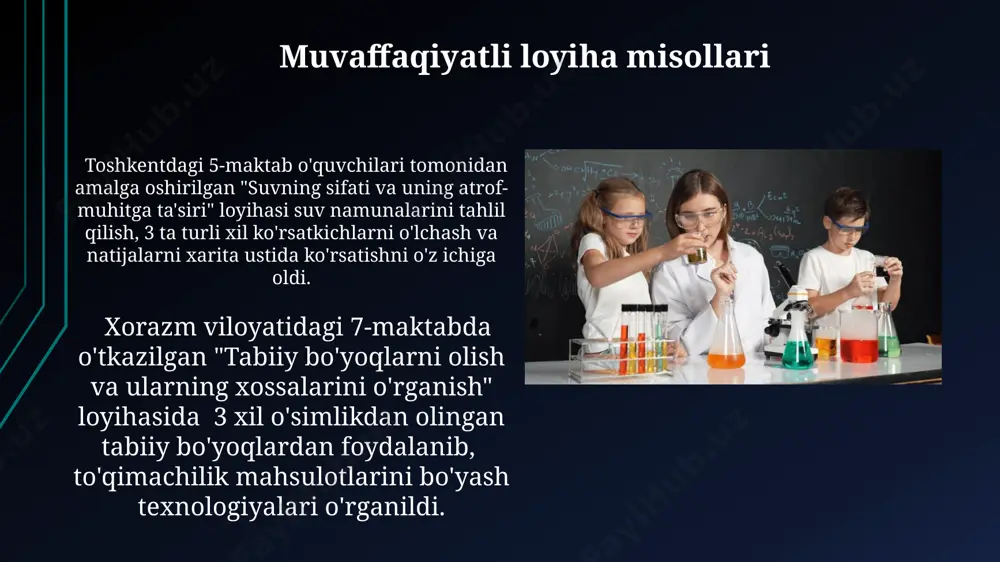 ri haroratda amalga oshiriladigan reaksiyalarni o'tkazishda, farg'ona viloyatidagi kollej laboratoriyalarida yong'inga qarshi vositalar (yong'in o'chiruvchilar va qum) mavjudligini ta'minlash va ularni qo'llash bo'yicha ko'rsatmalarga rioya qilish zarur. toksik moddalar bilan ishlashda, masalan, 2-propanol bilan, samarqanddagi universitet laboratoriyalarida 5-banddan iborat xavfsizlik protokollariga qat'iy rioya qilish kerak, bu esa shamollatish tizimini tekshirishni ham o'z ichiga oladi. kimyoviy loyihalarni rejalashtirish va tashkil etish kimyoviy loyihalarni rejalashtirishda, 5-10 nafar o‘quvchidan iborat guruhlarni shakllantirish va har bir guruhga toshkent shahridagi kimyoviy zavodlarning ishlab chiqarish jarayonlarini o‘rganish vazifasini berish samarali bo‘ladi. loyiha davomiyligi 2-3 hafta bo‘lib, har hafta oxirida 1-2 marta laboratoriya ishlarini bajarish, 3 ta hisobot tayyorlash va yakuniy taqdimot o‘tkazish rejalashtirilishi kerak. loyiha davomida hamkorlik va muloqot kimyoviy tajribalarni bajarishda 5 bosqichli hamkorlik rejasi tuzish va har bir bosqichda 2-3 minutlik muhokamalar o‘tkazish, muammolarni hal qilish va eksperimental xatolarni tahlil qilishda o‘quvchilarning muloqot ko‘nikmalarini oshiradi. samarqanddagi maktablar tajribasi shuni ko‘rsatadi. o‘quvchilarning kimyoviy reaksiyalarni modellashtirish …
