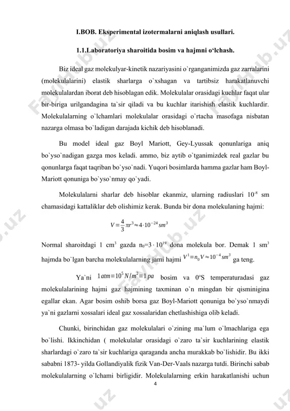 z doimiysi, . bu yerda van-der-vaals tenglamasining fizik mohiyati shundan iboratki, agar gazning molyar hajmi v0 juda katta bo`lganda v-tuzatma v0 ga nisbatan, -esa r ga nisbatan juda kichik bo`lganligi uchun ularni hisobga olmaslik ham mumkin. u holatda van-der-vaals tenglamasi (20.1) tenglama shaklini oladi. demak mendeleyev-klapeyron formulasining taqribiy ekanligi yaqqol ko`rinadi. kichik r bosimlarda (katta v0 hajmlar) sohasidagi haqiqatga yaqinroq bo`ladi. bosim r katta bo`lganda esa a va v tuzutmalar e`tiborga olinishi kerak. ya`ni van-der-vaals (20.7) foydalaniladi. van-der-vaals formulasi ham absolyut aniq formula emas, ammo u mendeleyev klapeyron formulasiga qaraganda haqiqatga ancha yaqindir. van-der-vaals formulasi (20.7) ni m massali gaz uchun ifodalaydigan bo`lsa u holda uning hajmini v belgilaymiz. berilgan temperatura va bosimda (20.8) bo`ladi, bunda gazning molekulyar og`irligidir. van-der-vaals tenglamasidagi v0 o`rniga uning (20.8) tenglik asosidagi qiymatini quyamiz, u holda (20.9) ko`rinishini oladi. bu formulaga m- massali gaz uchun van-der vaals tenglamasi deyiladi. van-der vaals tenglamasidagi v hajmga kiritilgan …