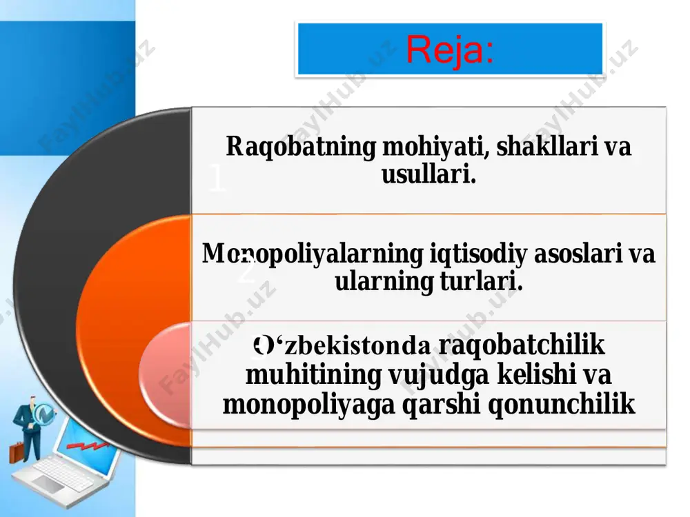 vqeiga ko`ra sof yoki erkin raqobat; sof monopoliya; monopolistik raqobat; oligopoliya. 2. miqyosiga ko`ra:  tarmoqlar ichidagi raqobat;  tarmoqlar o`rtasidagi raqobat;  millliy xo`jalik doirasidagi raqobat;  jahon xo`jaligi doirasidagi raqobat. 3. sodir bo`lish xarakteriga ko`ra  tartibsiz raqobat;  tartibga solinadigan raqobat 4. amalga oshirish usuliga ko`ra: vositasidagi raqobat; narxsiz raqobat. 5. amalga oshirish yo`liga ko`ra: xalol raqobat; g`irrom raqobat. raqobat usullari narx yordamida narxsiz narx vositasida raqobatlashishda ishlab chiqaruvchilar o`z tovarlarining narxini raqiblari tovarlari narxidan pasaytirish orqali iste`molchilarni og`dirib olish va bozordagi mavqeini mustahkamlashga harakat qiladi. narxsiz raqobatda raqobatlashish vositasi sifatida narxdan tashqari omillardan foydalanib tovar sotish hajmini ko`paytirib borishga harakat qilinadi. 1.narx yordamida raqobatlashish: • bunda yirik ishlab chiqaruvchilar raqiblarini tarmoq (bozor) dan siqib chiqarish uchun tovarlariga narxlarini vaqti – vaqti bilan va uzoq muddat pasaytirib turadi. 2.demping narxlarini qo`llash bunda milliy ishlab chiqaruvchilar o`zlarining tovarlarini boshqa mamlakatlarga ichki bozordagi narxlardan, ayrim hollard tan narxdan ham …