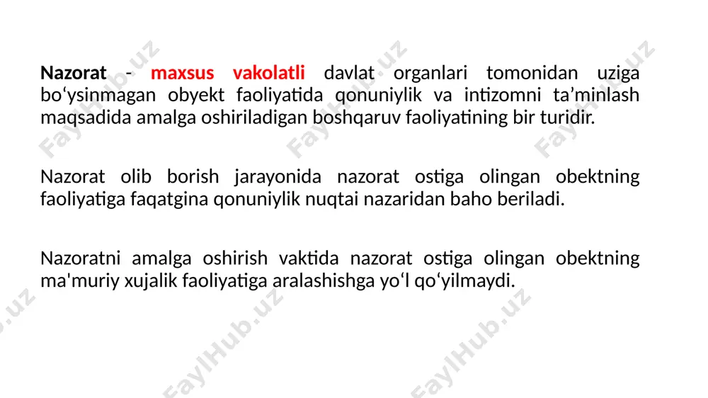 idan kuyidagi jihatlari bilan farqlanadi: birinchidan, nazorat olib borilayotgan obyekt faoliyatidagi qonuniylikka rioya etilishi bilan bog‘liq; ikkinchidan, nazoratni olib boruvchi davlat organi bilan nazorat ostiga olingan o‘rtasida tashkiliy jihatdan bo‘ysinuvning bo‘lishi shart emas; uchinchidan, uni amalga oshiruvchi davlat organlari doirasi kengroq; to‘rtinchidan, turli tashkiliy va huquqiy shakllarda amalga oshiriladi; beshinchidan, nazoratni olib borishning maxsus uslublariga ega. nazorat kim tomonidan amalga oshiriladi? nazorat maxsus davlat nazorati organlari tomonidan yoki prokuratura organlari tomonidan amalga oshiriladi. prokuror nazorati 20-modda. nazorat predmeti vazirliklar, idoralar, fuqarolarning o‘zini o‘zi boshqarish organlari, jamoat birlashmalari, korxonalar, muassasalar, tashkilotlar hamda vazirliklar va idoralarning harbiy qismlari, harbiy tuzilmalari, hokimlar va boshqa mansabdor shaxslar tomonidan qonunlarning ijro etilishi, shuningdek ular tomonidan qabul qilinayotgan hujjatlarning o‘zbekiston respublikasining konstitutsiyasi va qonunlariga muvofiqligi nazorat predmeti hisoblanadi. 21-modda. qonunlar ijrosini tekshirish qonunlar ijrosini tekshirish qonunlarning buzilayotganligi to‘g‘risidagi arizalar va boshqa ma’lumotlar asosida, shuningdek qonuniylik prokuror tomonidan choralar ko‘rilishini talab qiladigan holatda ekanligidan kelib chiqqan holda …