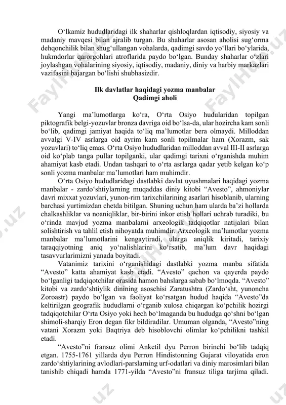 tarixi hozirgi samarqand (afrosiyob-maraqanda), kitob-shahrisabz (uzunqir) yoki qarshi (yerqo‘rg‘on) hududlarida davom etdi. o‘lkamiz hududlarida qadimgi shaharsozlik madaniyatining asoslari quyidagilardan iborat: · aholining o‘troq dehqonchilikka o‘tishi va keng vohalar bo‘ylab yoyilishi; · hunardmanchilik ishlab chiqarishining rivojlanishi natijasida iqtisodiy hamda madaniy aloqalar va savdo-sotiqning taraqqiy etishi; · tabiiy-geografik hamda harbiy-strategik shart-sharoitlar. olib borilgan tadqiqotlar natijalariga qaraganda shahar madaniyati dastavval shimoliy baqtriyaga (surxon vohasi) keyin esa so‘g‘diyona (qashqadaryo, samarqand, buxoro vohasi), xorazm va farg‘ona hududlariga tarqaladi. qadimgi shaharlar -tarixiy rivojlanishdagi urbanistik jarayonda muhim ahamiyatga ega bo‘lgan jamiyat taraqqiyotining ijtimoiy asosi hisoblanadi. fikrimizcha, shaharlar tarixini o‘rganish jarayonida dastavval eng qadimgi shaharlar shakllanishi va rivojlanishi; aniq hududlar yoki viloyatlardagi tarixiy-madaniy shart-sharoitning ta’siri, ekologik, geografik, ijtimoiy, iqtisodiy va demografik muhitlarning darajasi va ta’sir doirasi, shaharlarning vazifasi, qadimgi shahar markazlarining tarixiy-madaniy jarayonlardagi o‘rni va ahamiyati masalalariga keng e’tibor qaratish lozim. ko‘pchilik tadqiqotlar natijalarini tahlil etar ekanmiz, shunday xulosaga kelish mumkinki, o‘rta osiyo hududlarida dastlabki shaharsozlik madaniyati mil …