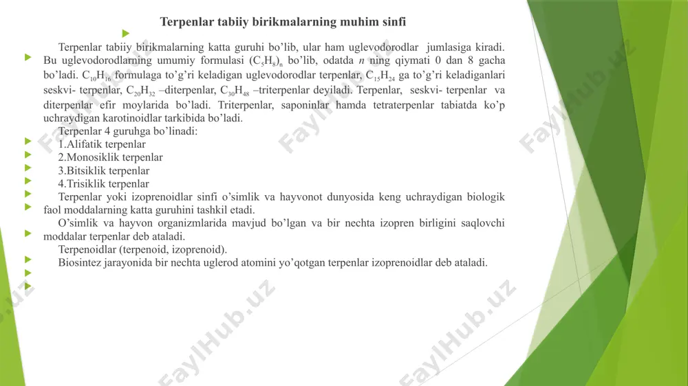 i n8 tetraterpenlar (c40h64) -8ta izopren fragmenti alifatik terpenlar monoterpenlar monoterpenlarning asosiy manbai xushbo’y o’simliklarning efir moylari hisoblanadi. ulardan suv bug’i bilan haydab turli erituvchilar yordamida ekstraksiya qilinib olinadi. hozirgi paytda sintez yo’li bilan ham olinadi. keng tarqalgan vakili kamfora yaponiya va tropik mintaqalarda o’sadigan kamfora daraxti (laurus camphora l.) dan ajratib olingan. uyurak faoliyatini kuchaytiruvchi vosita hisoblanadi. tibbiyotda, atir-upacilikda, konditer sanoatida keng qo’llaniladigan mentol ham monoterpenlar sinfiga mansub. geraniol-monoterpenli spirt, sitral-aldegid sitrusli mevalar tarkibidan ajratib olingan. gul nektarlari monoterpenlari odatda hasharotlarni o’ziga jalb etuvchi moddalar (attpaktantlar) hisoblanadi. masalan xmel moyida mirsen va otsimen, lavanda moyida geraniol izomeri linalool va uning atsetati aniqlangan. ikkala terpenoid ham yoqimli landish hidiga ega. atirgul va geran efir moylarida qimmatbaho xushbo’y modda-(s)-sitronellol, na'matak gullarining nektarida esa geraniol va nerol bo’ladi. alifatik monoterpenlar kislotalar ta’sirida osongina halqalanadi. masalan, geraniol dastlab nerol monoterpenigacha izomerisatsiyalanadi, u esa terpinning digidrooksi hosilalarigacha halqalanadi. sis-terpin limonenning kislotali gidrolizi natijasida ham …