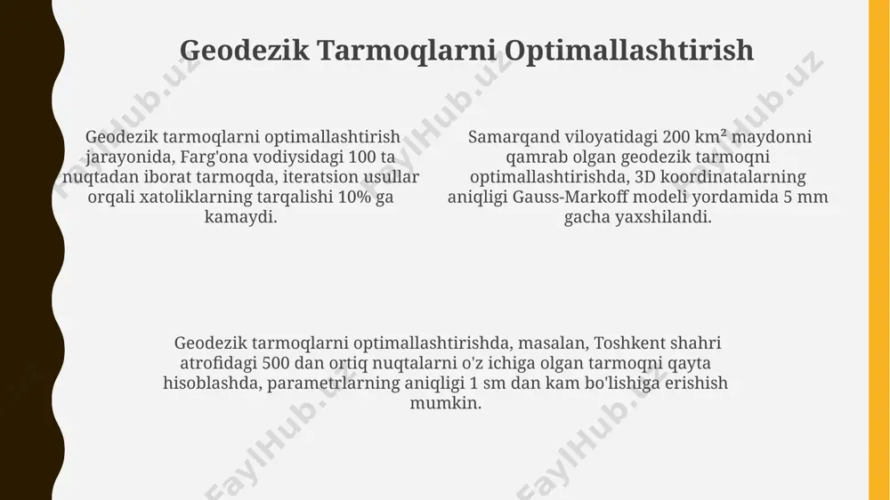 l dasturiy ta'minot vositalari taqqoslandi, eng yaxshi natija 0.005 m xatolik bilan olindi. muhokama va savol-javoblar geodezik ma'lumotlarning aniqligi 2 sm dan kam bo'lgan holda, muhokama va savol-javoblar natijasida 5 ta yangi algoritm taklif qilindi va muhokama qilindi. muhokama va savol-javoblar jarayonida qarshi shahridagi 15 ta ob'ektning koordinatalarini aniqlashda yuzaga kelgan 0.01 metrli xatolik muhokama qilindi va hal qilindi. muhokama va savol-javoblar davomida 3 ta geodezik tarmoqni parametrlarini sozlash bo'yicha 10 dan ortiq mutaxassis, jumladan toshkent va samarqanddan kelganlar ishtirok etdi. dasturiy ta'minot va hisoblash texnologiyalari “dasturiy ta'minot va hisoblash texnologiyalari” fanidan o‘zbekistonning 5 ta viloyatida 2023-yilda 100 dan ortiq geodezik tarmoqlarning parametrik sozlashini amalga oshirish bo‘yicha dasturiy ta’minotlarning samaradorligini baholash ishlari olib borildi. geodezik tarmoqlarni parametrik sozlashda ishlatiladigan "dasturiy ta'minot va hisoblash texnologiyalari" kursi doirasida toshkent shahrida 20 dan ortiq turdagi algoritmlarni taqqoslash natijalariga ko‘ra, 3 ta eng samarali usul aniqlandi. samarqand viloyatida joylashgan geodezik punktlarning koordinatalarini aniqlashda "dasturiy …