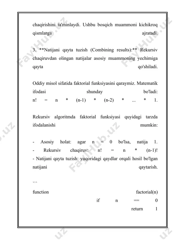 ar dasturlashda va matematikada muhim mavzular bo‘lib, masalalarni yechishda ikki xil yondashuvni tushuntiradi. **rekursiv yechimlar:** rekursiya bu funktsiyaning o‘zini o‘zi chaqirishiga asoslangan yondashuvdir. bu usul yordamida biron-bir masala kichikroq masalaga ajratilib, oxir-oqibat bazaviy holatga yetadi va o‘sha bazaviy holatdan yechim hosil qilinadi. 1. **faktorial funktsiyasi**: n faktorial (n!) rekursiv tarzda quyidagicha hisoblanadi: - n! = n * (n-1)! agar n > 0 - 0! = 1 bazaviy holat. rekursiv algoritmlar quyidagi afzalliklarga ega: - qo‘llanilishi oson, ayniqsa ayrim masalalar uchun. - kodingizni soddalashtirishi mumkin. biroq, rekursiv yechimlar resurs talab qilishi mumkin, xususan ko‘p zahira - funksiya chaqiriqlari yig‘iladi va stek xotira tez to‘lib ketishi mumkin. ba'zi masalalar uchun rekursiv yondashuv turingik rekursiya yoki dinamik dasturlash bilan optimallashtiriladi, bu xotira sarfini kamaytiradi. 2. **fibonacci qatori**: rekursiya yordamida fibonacci soni quyidagicha hisoblanadi: - f(n) = f(n-1) + f(n-2) agar n > 1 - f(0) = 0 va f(1) = 1 bazaviy holatlar. …