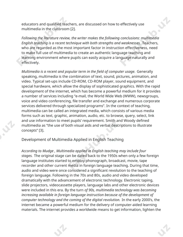 pils in mind. there are also factors like lack of computer/technology literacy to be considered. schools and businesses must bear in mind that education technology is simply a tool and its success depends largely on the amount of planning that goes into it. using education technology can be a right choice as long as all such factors are considered. with the development of technology and the boom of digital revolution, foreign language teachers find it necessary to think about effective new ways to create a better foreign language teaching and learning environment that is supported by multimedia technologies. as a result, computer assisted language learning, or call, has become increasingly popular in the foreign language teaching field. based on the analysis of the features of call, this paper is focused on how multimedia can play an important role in efl classrooms. the literature review was conducted on definitions and the …