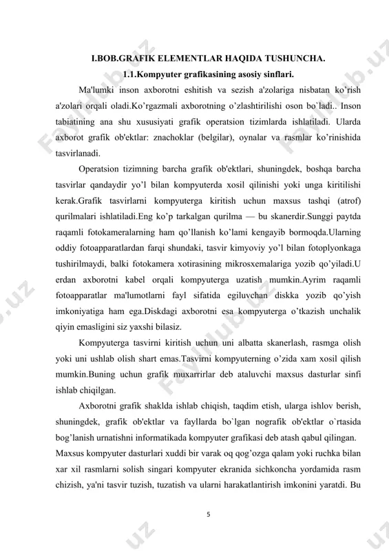 y holda nuqtali tasvirdan iborat bo’lgan fayl - rasmni birin-ketin hosil qiluvchi nuqtalar ketma-ketligi va ularning ranglarini o’z ichiga oladi. minglab yillardan beri yaratib kelinayotgan rangtasvir asarlarini nuqtali grafikaning ilk ko’rinishi deyish mumkin.atrofimizdagi olamda biz faqiat nuqtali tasvirlarni ko’ra olamiz.fotosurat, rasm, izlar, tasvirlar ko’zimizda nuqtali xarakterda aks etadi. vektorli grafikaning asosiy elementi - chiziqdir. vektorli tasvirlar deb - tuzilishi jihatidan murakkabroq va har xil ko’rinishga ega bo’lgan geometrik ob'ektlar to’plamiga aytiladi. bunday ob'ektlarga misol tariqasida to’g’ri to’rtburchaklar, aylanalar, ellipslar, ko’p burchaklar, kesmalar va chiziqlarni keltirish mumkin. vektorli grafikanining xarakterli xususiyatlaridan biri undagi har bir ob'ekt uchun ularning tashqi ko’rinishlarini o‘zgartirish imkonini beradigan boshqarish parametrlari mavjud.nuqtali tasvirlardan farqli ravishda vektorli tasvirlar ixtiyoriy ichki strukturaga ega bo’lishi mumkin. vektorli tasvirlarni nuqtali tasvirlarga aylantirish foydalanuvchi ishtirokisiz, amaliy dastur tomonidan amalga oshiriladi.lekin nuqtali tasvirlarni vektorli tasvirga aylantirish foydalanuvchidan katta mahorat talab qiladi. vektorli grafika asosida giometrik figuralarning xossalari haqidagi matematik tasavvur yotadi. vektorli grafikaning …