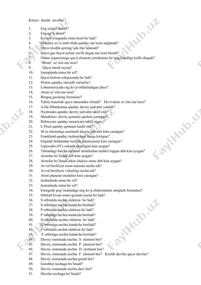 kimyo fanida savollar — DOCX