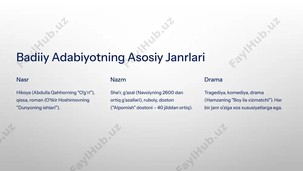 atrlariga diqqatimizni qaratamiz. asar turlicha boshlanishi mumkin: tabiat tasviri, joy tasviri, obraz tasviri, biror muammoli vaziyat bayoni va hokazo. ko‘p holatlarda asar voqealarining keyingi rivoji va muallif aytmoqchi bo‘lgan g‘oya (yoki g‘oyalar) mana shu ilk tasvirlarda ma’lum darajada aks etgan bo‘ladi. bu g‘oyalar mazmunini anglashda matndagi muhim (“kalit”) so‘zlar ham asosiy o‘rinni egallaydi. "hovlidagi daraxt": badiiy tahlil namunasi qahramon asosiy qahramonning daraxtga bo'lgan munosabati orqali uning ichki dunyosi ochiladi. til va uslub muallif sodda, ammo ta'sirli tilda yozgan, o'quvchida chuqur hissiyotlarni uyg'otadi. ramziylik daraxt – nafaqat o'simlik, balki qahramonning bolaligi, xotiralari, o'tmishi bilan bog'liq ramz. mavzu insonning tabiat bilan uyg'unligi, urbanizatsiya sharoitida o'z ildizlarini saqlab qolish muammosi. 10 adabiyot va tahlilning hayotimizdagi o'rni ma'naviy ko'zgu adabiyot – insonning ma'naviy kamolotida muhim rol o'ynaydigan "ko'zgu". tanqidiy fikrlash badiiy tahlil – asarning teran qatlamlarini anglash, tanqidiy fikrlashni rivojlantirish vositasi. chuqur ta'sir shodiqul hamroning "hovlidagi daraxt" asari ramziy ma'nolar bilan boy, chuqur ta'sirli …