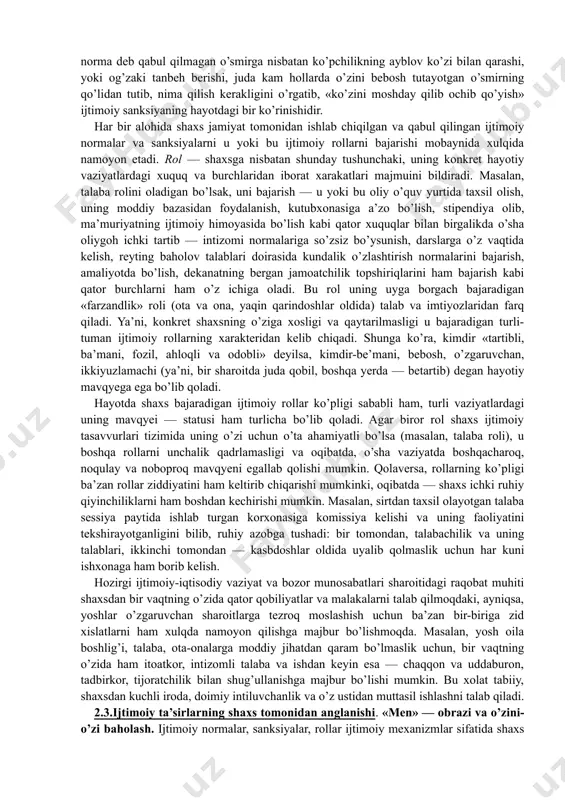 cha tartib — qoidalarni qabul qiluvchi subyekt bo’lsa, jamiyat-ijtimoiy intizom va tartibning, madaniyatning mufassal ko’rinishidir. shaxs ijtimoiy xulqiga turli tashqi kuchlar ta’sir qiladi: siyosiy, mafkuraviy, iqtisodiy, ma’naviy, ahloqiy va boshqalar. bu ta’sirotlar mohiyatan aslida jamiyat a’zolari bo’lmish shaxslar o’rtasidagi o’zaro munosabatlarning ayrim alohida yo’nalishlarini belgilab beradi. shunday qilib, shaxs turli ijtimoiy munosabatlar tizimi ta’sirida bo’ladi va ko’plab ijtimoiy institutlar (oila, mahalla, o’quv maskanlari, mehnat kollektivlari, norasmiy tashkilotlar, din, san’at, madaniyat va boshq.) bilan bog’liq bo’ladi. masalan, shaxsdagi turli g’oyalar, fikrlar va mafkura mafkuraviy munosabatlar tizimi ta’sirida shakllanib, ular bevosita oila, bog’cha, maktab va boshqa o’quv va tarbiya muassasalari orqali ongga singdiriladi. agar bu ta’sir uning e’tiqodi darajasida ko’tarilsa, va unda yana yangidan-yangi fikrlar va g’oyalarning paydo bo’lishi va o’sishiga olib kelsa, shaxs taraqqiyoti jarayonida shunday faoliyat sohasini tanlaydiki, u o’z qobiliyatlari, malaka va ko’nikmalarini rivojlantira borib, ziyoli sifatida yo o’qituvchi, yoki vrach, yoki olim, kashfiyotchi, muxandis bo’lib, elu-yurtiga xizmat qiladi. …