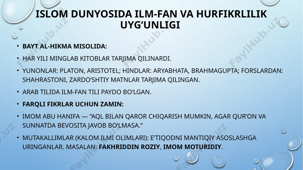 rmas – ochiq muloqot madaniyati hurfikrlikni mustahkamlaydi. charles taylor – sekulyar jamiyatda din yo‘q qilinmaydi, balki shaxsiy tanlovga aylanadi. diniy matnlarning tafsirida hurfikrlilik zarurati qur’on tafsirida tarixiy-kontextual yondashuv: har bir oyat tushgan tarixiy vaziyat (asbobun-nuzul) asosida tahlil qilinadi. misol: “erkaklar ayollar ustidadir” (niso surasi, 34-oyat) — bu oyatni zamonaviy tafsirchilar ijtimoiy mas’uliyat nuqtai nazaridan izohlaydi, ustunlik emas. zamonaviy tafsirchilar: muhammad abduh, fazlur rahman, nasr hamid abu zayd — qur’onni zamonaviy tafsir, ijtimoiy adolat, inson huquqlari nuqtai nazaridan tahlil qilgan. hur fikrlilik va shubha: dinda joyi bormi? shubha va tafakkur – taqiqlanmagan, balki targ‘ib qilingan: qur’onda: “ular tafakkur qilmaydilarmi?”, “bas, ibrat olingiz!” kabi chaqiriqlar ko‘p (masalan, rum surasi 21-24). imom g‘azzoliy: “agar shubha bo‘lmasa, haqiqat aniqlanmaydi. shubha ilmning kalitidir.” falsafiy yondashuv: dekart (rené descartes) – “men shubha qilaman, demak, mavjudman.” (cogito ergo sum) dinga ham aql va shubha bilan yondashish — ko‘r-ko‘rona emas, ongli e’tiqodga olib boradi. ommaviy axborot vositalarida hurfikrlilik …