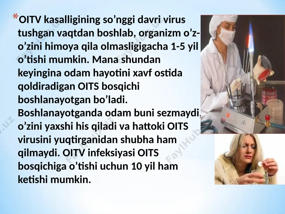 i vaqtda bsst ma’lumotiga ko’ra oits virusi epidemiyasi aholining asosiy qatlamida ham kengaymoqda. oits virusi chidamsiz bo’lib, suvda 10 daqiqa qaynatish davomida halok bo’ladi. maxsus dezinfeksiya vositalaridan ham foydalanish mumkin. spirt oitvni o’ldirmaydi. oits virusining yuqish yo’llari: zararlangan qon sog’lom odamga quyilganda; kasallangan onadan bolaga homiladorlik, tug’ruq vaqtida va ko’krak sutidan boqilganda; zararlangan shprislardan foydalanilganda. stomatologiya, sartaroshxona, go’zallik salonlari (manikyur, pedikyur va tatuaj xonalari)da oits virusini yuqtirish xavfi katta. jinsiy qon orqali onadan bolaga bazida hech qachon shubhali kontaktda bo’lmaganlarda ham oits analizi salbiy chiqishi mumkin, shuning uchun bu analizni qayta topshirish kerak bo’ladi….. oits virusi quyidagi hollarda yuqmaydi: qo’l bilan yoki quchoqlashib ko’rishganda; aksirganda, yo’talganda; basseynda cho’milganda; umumiy idishdan, telefondan va umumiy hojatxonadan foydalanganda; hasharotlar chaqqanda. profilaktika choralari eng asosiy shart – sog’lom turmush tarzi va namunali xulq-atvor! axloq-odob qoidalariga rioya etish; zararli odatlarga berilmaslik; oilani, oilaviy munosabatlarni qadrlash; faqat sterillangan asboblardan, yangi 1 martalik shpris, sistemalardan foydalanish; qon …