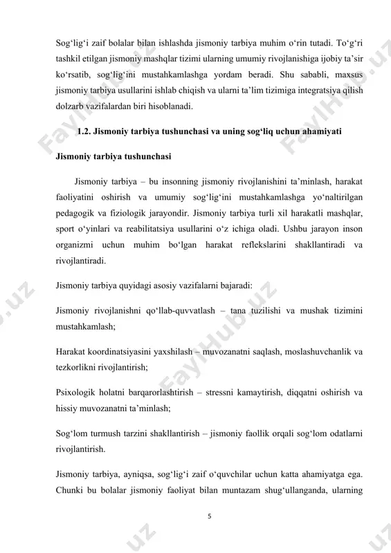 kin, shu sababli ularga moslashtirilgan mashqlar tizimi katta ahamiyatga ega. nafas olish tizimiga ta’siri nafas mashqlari va jismoniy faollik o‘pka sig‘imini oshiradi, nafas olishni yaxshilaydi va kislorod almashinuvini yaxshilaydi. ayniqsa, astma kabi nafas yo‘llari kasalliklari bilan bog‘liq muammolari bor bolalar uchun jismoniy tarbiya muhim rol o‘ynaydi. muskul va skelet tizimiga ta’siri jismoniy mashqlar suyaklarning mustahkamlanishiga, bo‘g‘imlarning moslashuvchan bo‘lishiga va mushaklarning rivojlanishiga yordam beradi. orqa umurtqa va bo‘g‘imlar muammosi bo‘lgan bolalar uchun maxsus mashqlar tizimi ishlab chiqilgan. asab tizimiga ta’siri jismoniy faollik stress, tashvish va depressiyani kamaytirishga yordam beradi. jismoniy tarbiya bilan muntazam shug‘ullanuvchi bolalar ijtimoiy hayotda faolroq bo‘lishadi, muloqot qilish qobiliyatlari yaxshilanadi va o‘zlariga bo‘lgan ishonch ortadi. moddalar almashinuvi va immunitetni oshirish jismoniy tarbiya organizmning modda almashinuvini tezlashtiradi va immun tizimini mustahkamlaydi. bu esa organizmni turli infeksiyalardan himoya qilishga va umumiy chidamliligini oshirishga yordam beradi. sog‘lig‘i zaif o‘quvchilar uchun jismoniy tarbiya tizimining muhimligi sog‘lig‘i zaif bolalar uchun jismoniy tarbiya oddiy …