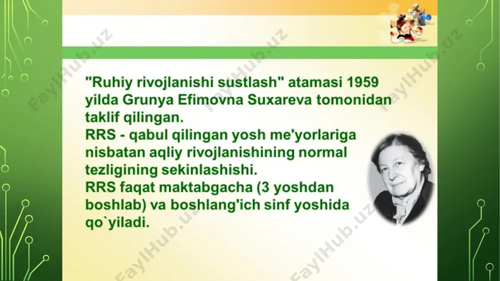 ni yetarli rejalashtira olmasligi, xatti- harakatlarning normal bolalarga nisbatan qo‘zg‘aluvchanilgi, o‘z- o‘zini nazorat qilish saviyasining pastligi, o‘z imkoniyatlarini yetarli baholay olmasligi va faoliyatlarini maqsad sari yo'naltirishning yetarli emasligi ma’lum bo’ladi. e’tiboringiz uchun rahmat image3.png image4.png image5.png image6.png image7.png image8.png image9.jpeg image10.png image11.png image12.jpeg image13.jpeg image14.jpeg image15.jpeg image16.png image17.jpeg image18.jpeg image19.jpeg image20.jpeg image21.jpeg image22.png image23.png image24.png image25.png image2.png /docprops/thumbnail.jpeg
