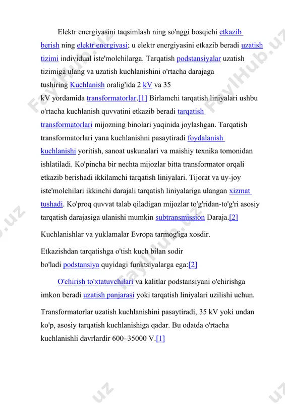 aridorga yaqinroq bo'lgan taqsimot transformatori asosiy tarqatish quvvatini past kuchlanishli ikkilamchi zanjirga tushiradi, odatda aqshda turar joy mijozlari uchun 120/240 v. quvvat mijozga a orqali keladi xizmatning pasayishi va an elektr hisoblagich. shahar tizimidagi so'nggi sxema 15 metrdan (50 fut) kam bo'lishi mumkin, ammo qishloq mijozi uchun 91 metrdan (300 fut) ortiq bo'lishi mumkin.[1] tarix qo'shimcha ma'lumotlar: elektr energiyasini uzatish tarixi 1870-yillarning oxiri va 1880-yillarning boshlarida kirib keldi boshq chiroq ochiq joylarda yoki shu kabi katta yopiq joylarda ishlatiladigan yoritish brush electric kompaniyasi 1880 yilda o'rnatilgan tizim nyu-york shahri. elektr energiyasini taqsimlash faqat 1880-yillarda elektr energiyasi ishlab chiqarila boshlanganda zarur bo'ldi elektr stantsiyalari. bungacha elektr energiyasi odatda ishlatilgan joyda ishlab chiqarilardi. yoritishni ta'minlash uchun evropa va aqsh shaharlarida o'rnatilgan birinchi elektr taqsimlash tizimlari ishlatilgan: yoyni yoritish juda yuqori voltajda ishlaydi (3000 volt atrofida) o'zgaruvchan tok (ac) yoki to'g'ridan-to'g'ri oqim (dc) va akkor yoritish past kuchlanishli (100 volt) doimiy oqim bilan …