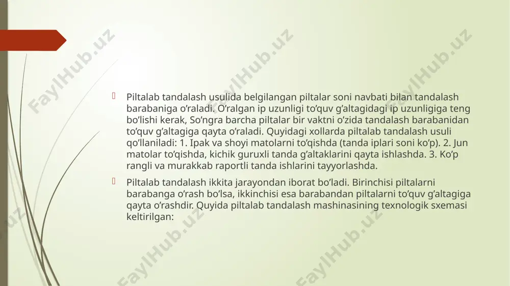 ofiqligini ta`minlash uchun piltalab tandalash xisobi bajariladi. piltalab tandalash xisobi. tandalash xisobi quyidagi ma`lumotlar asosida bajariladi: pt - tanda iplariining soni; tip iplarining chiziqli zichligi,teks; vt. f -to’quv g’altagini gardishlari oralig’i, sm. nb – tig’ nomeri, tish/dm; mp - tandalash romining sig’imi; piltalar soni kl = nt / m agar kl qiymatda qoldik son chiqsa, uni katta tomonga yaxlitlab olinadi. piltadagi iplar soni m = nt /kl bitta piltaning eni bn = bt. r / kl piltadagi iplar zichligi, ip/sm p = m/bp support tigi tishlarni soni 3 = bn * ntig / 10 6. bir tig’ tishidan utadigan iplar soni 31 = ml/z 7. to’quv g’altagiga o’ralgan iplarning xajmi, sm.kub v = nh(dy^2-dy^2) 8. to’quv g’altagiga o’ralgan ip og’irligi, kg; g=v*y/10^3 9. to’quv g’altagiga o’ralgan ip uzunligi, m l =g*10^ nt* tip piltalab tandalash usulining afzalligi: jarayonda chiqindi kamligi, ko’p rangli va murakkab rapportli tanda iplarini tayyorlash imkoniyatiga egaligi. …