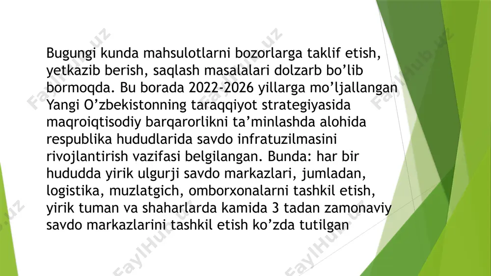 avdo firmalari tovar aylanmasida ustunlikka ega. umumiy ombor maydonining 80 %, ishchilar sonining deyarlik 80 %, sotuv hajmining 50 % atrofida mustaqil ulgurji firmalar hissasiga to’g’ri keladi. mustaqil ulgurji firmalar soni ulgurji savdo korxonalari umumiy sonining qarib 70 % ni tashkil etadi. vositachilik firmalari tovarlarga egalik qilmaydilar, ulgurji savdo korxonalar umumiy sonining qarib 10 foizini va sotishning 10 foizini tashkil etadi. sanoat kompaniyalarining ulgurji filiallari ulgurji savdo korxonalarining qarib 10 % va tovarlarni ulgurji sotish hajmining 35 % ini tashkil etadi. ta’minotchi tashkilotlar va chakana savdo korxonalarining ulgurji omborlari bir nechta chakana savdo korxonalariga birgalikda egalik qiladi va o’z do’konlarini tovar ta’minotini amalga oshiradi. qishloq xo’jaligi mahsulotlari zaxirasini tayyorlovchi ulgurji savdo korxonalari qishloq xo’jalik mahsulotlari yetishtiruvchilardan qishloq xo’jalik mahsulotlarini xarid qilib, keyinchalik iste’mol bozoriga yetkazib beradi. yaponiya iqtisodiyotida ulgurji-vositachilik tuzilmasi ahamiyatli o’ringa ega. chakana savdodagi barcha tovarlarning qarib 80 % ulgurji savdo orqali amalga oshiriladi. ulgurji-vositachilik faoliyatining tashkiliy tuzilmasi bosqichli …