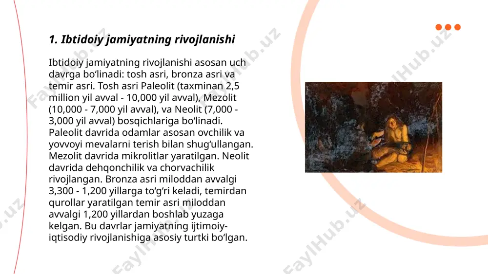 ydai_bot ibtidoiy san'at va tasviriy tasvirlar insoniyat tarixining dastlabki bosqichlarida shakllangan. taxminan 40,000 yil avval paleolit davrida ilk san'at asarlari paydo bo'lgan. ushbu davrga oid eng mashhur namunalar lasko (fransiya) va altamira (ispaniya) g‘or rasmlaridir. g‘or san'ati ko‘pincha hayvonlar, ov sahnalari va abstrakt belgilardan iborat edi. tasvirlar ko'pincha tosh, suyak yoki loy kabi materiallardan ishlangan. ushbu san’at asarlari o‘sha davr odamlari urf-odatlari, diniy e'tiqodlari va kundalik hayotini aks ettiradi. shu davr san'ati jahon madaniy merosining muhim qismi hisoblanadi. ... t.me/slaydai_bot 7. oziq-ovqat yig'ish va ovchilik oziq-ovqat yig'ish va ovchilik insoniyatning dastlabki yashash tarzi edi. odamlar 2,5 million yil avvaldan taxminan 12,000 yil oldingacha asosan ovchilik va yig'uvchilik bilan shug'ullanishgan. ovchilar o'q-yay yoki boshqa oddiy qurollar yordamida hayvonlarni ovlagan. yig'uvchilar meva, yong'oq, ildiz va boshqa tabiiy oziq-ovqatlarni to'plashgan. bu turmush tarzi ko'chmanchi bo'lgan, aholi o'z oziq-ovqatlarini topish uchun doimiy harakatda bo'lganlar. arxeologik topilmalar ovchilar-yig'uvchilar jamoalari kichik, 20-50 kishilik guruhlarda yashaganini ko'rsatadi. …