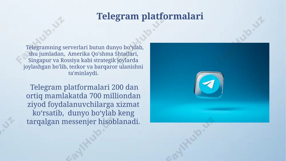 "ish", "qarshi shahri do'stlari" kabi nomlar bilan ajrating. telegram-dagi fayllarni, xususan, 2 gb dan katta hajmdagi hujjatlarni samarqanddagi hamkasblaringiz bilan tezkor almashish uchun bulut xizmatlaridan foydalanish va ularni kanallarga yuborishdan avval siqib qo'yish tavsiya etiladi. telegram maxfiyligi va xavfsizligi telegram’ning serverlari asosan germaniya va singapurda joylashgan bo'lib, 256-bit aes simmetriyali shifrlash, 2048-bit rsa kalit almashinuvi va diffie-hellman kalit almashinuvi texnologiyalaridan foydalanadi. 2023 yil ma'lumotlariga ko'ra, telegramda 700 milliondan ortiq faol foydalanuvchi bor va xabarlarning 99 foizi dasturda end-to-end shifrlash bilan himoyalangan, bu esa ularni faqatgina qabul qiluvchi tomon ko'rishi mumkinligini anglatadi. telegram xabarlashish tizimi telegram kanallari orqali 200 000 dan ortiq obunachiga bir vaqtning o'zida matn, foto, video va boshqa turdagi fayllarni tarqatish mumkin, bu esa marketing va axborot tarqatish uchun qulay vosita hisoblanadi. telegram messenjeri 2013-yilda pavel durov tomonidan rossiyaning sankt-peterburg shahrida ishlab chiqilgan bo'lib, 500 milliondan ortiq foydalanuvchiga ega xalqaro miqyosdagi platformasi hisoblanadi. telegram kelajagi telegramning kelajagi 2025 …