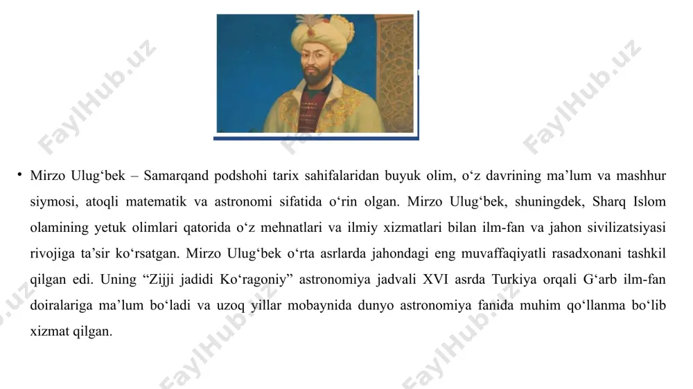 t qilgan. ammo ichki siyosiy ziddiyatlar, ayniqsa o‘z o‘g‘li abdulatif bilan bo‘lgan nizolar uning rejalarini to‘liq amalga oshirishiga to‘sqinlik qilgan. shunga qaramay, uning ilm-fan va madaniyatga qo‘shgan hissasi davlat barqarorligini ta’minlashda muhim o‘rin tutgan. 10. shaxsiy sifatlari va rahbarlik uslubi mirzo ulug‘bek adolatparvar va bilimdon hukmdor sifatida tanilgan. uning boshqaruv uslubi donolik va halollikka asoslangan bo‘lib, xalq manfaatlarini birinchi o‘ringa qo‘ygan. u din va ilmni uyg‘unlashtirishga intilib, odamlarni ilmiy izlanishlarga jalb etgan. 11. siyosiy fojia va o‘lim mirzo ulug‘bekning hukmronligi fojiali yakunlangan. siyosiy raqiblarining fitnalari va o‘g‘li abdulatifning hokimiyatga intilishi tufayli u 1449-yilda taxtdan ag‘darilib, keyinchalik qatl etilgan. uning o‘limi nafaqat samarqand, balki butun temuriylar davlatidagi ilmiy va madaniy rivojlanish jarayoniga salbiy ta’sir ko‘rsatdi. olim sifatida ilmiy ishlari mirzo ulug‘bek nafaqat davlat arbobi, balki o‘z davrining eng buyuk olimlaridan biri edi. u ayniqsa astronomiya va matematika sohasidagi yirik ilmiy ishlari bilan jahon ilm-faniga ulkan hissa qo‘shgan. quyida uning ilmiy faoliyatini …