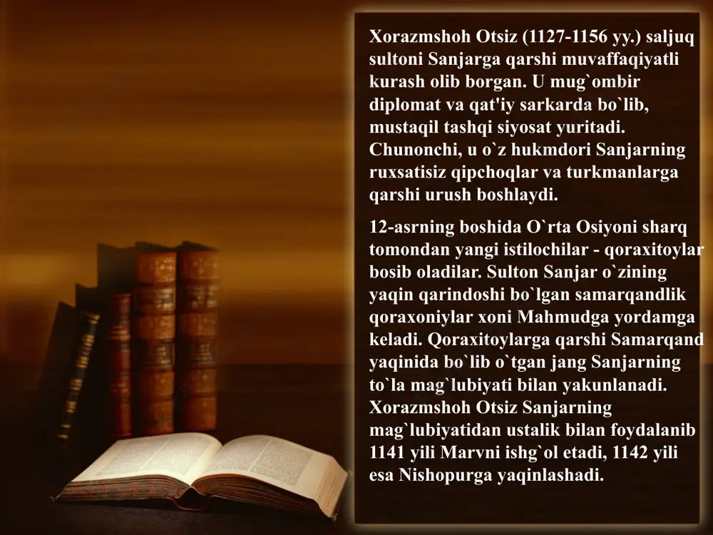 g yuqori’lavozimlaridan biri vazirlik lavozimi bo’lib, u xo’jayibuzruk (bosh xo’ja) unvoniga ega bo’lgan. u devonxona ishlariga javob bergan, katta safar paytida podsho nomidan davlatni idora qilgan. ma’muniylar davrida x.d.da ilmfan, madaniyat ravnaq topib, [[xorazm[[]] ma’mun akademiyasi tashkil qilindi. unda xizmat kilgan buyuk qomusiy olimlar, allomalar o’zlarining ajoyib kashfiyotlari va asarlari bilan x.d. ning mavqeini o’z davri va keyingi davrlar uchun yuksak darajaga ko’tardilar. biroq bu madaniy yuksalish uzoq davom etmadi. 1017 y.da [[xorazm[[]] mahmud g’aznaviy tomonidan zabt etidsi. shu bilan ma’muniylar sulolasiga chek qo’yildi. mahmud g’aznaviy o’z sarkardalaridan biri oltintoshni xorazmshoh lavozimiga tayinlaydi. oltintoshlar sulolasidan ham 3 ta xorazmshoh hukmronlik qilgan. 12—13-a. boshlari [[xorazm[[]] davlatchiligining rivojlanishida muhim bosqich bo’ldi. bu davrda [[xorazm[[]]da anushteginiylar sulolasidan chiqqan hukmdorlar otsiz, takash va sulton muhammad [[xorazm[[]]shohlar mamlakatni boshqarishning yanada mukammal tizimi, tartiboti va uslublarini yaratganlar. saltanatning eng oliy lavozimi vazirlik bo’lib, ular sadr, xo’jayibuzruk va nizomulmulk (mulkning tayanchi) unvonlari bilan yuritilgan. vazir faqat oliy …