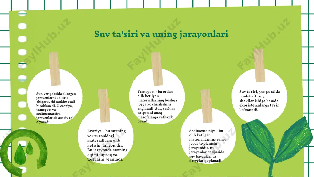 obig'ida silkinishlar va vulqonlar paydo bo'lishiga olib keladi. bu jarayonlar, masalan, vulqon faoliyatlari orqali yangi yer shakllarini yaratadi va ekotizimlarni o'zgartiradi. ushbu jarayonlarning ekologik oqibatlari jiddiy bo'lishi mumkin, chunki ular tuproqning unumdorligini o'zgartirishi, suv manbalarini tahdid ostiga qo'yishi va biodiversitetni kamaytirishi mumkin. jarayonlarning o'zaro ta'siri: misollar ekzogen va endogen jarayonlar birgalikda yer yuzasida ko'plab hodisalarni yuzaga keltiradi. masalan, yer silkinishi ob-havo sharoitlariga ta'sir ko'rsatishi mumkin. kuchli yer silkinishi natijasida tuproq siljishi paydo bo'lib, suv oqimlarining yo'nalishi o'zgaradi. bu jarayonlar iqlim o'zgarishiga olib kelishi mumkin. shuningdek, vulqon faoliyati ham ob-havoga ta'sir ko'rsatadi, masalan, vulqon tutunlari atmosferada haroratni o'zgartirishi mumkin. bu o'zaro ta'sirlar yer yuzasining ekologik va geologik tizimlarini shakllantiradi. xulosa ekzogen jarayonlar ekzogen jarayonlar ob-havo va suv ta'siri bilan bog'liq o'zgarishlarni keltirib chiqaradi. iqlim o'zgarishi ekzogen jarayonlarning kuchayishiga olib kelishi mumkin, bu esa tabiiy ofatlarni oshiradi. bu jarayonlar yer yuzasi shakllanishida muhim rol o'ynaydi. endogen jarayonlar endogen jarayonlar, masalan, yer silkinishlari …